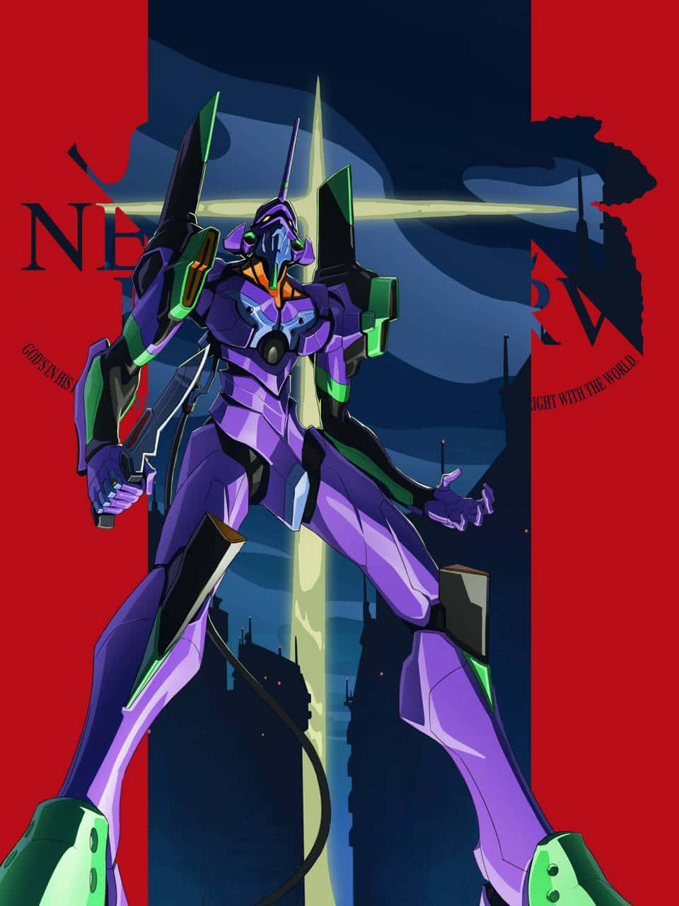 Eva 01 桌布 壁紙 — 一架紫色和綠色的 Evangelion 機體，在紅色和深藍色的城市景觀背景下，帶著發光效果，英勇地站立著。