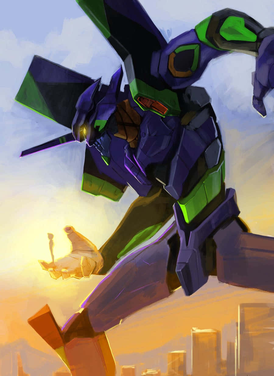 Eva 01 桌布 壁紙 — 一架紫色和綠色的機甲英雄般地矗立在城市天際線上方閃耀的夕陽天空前。