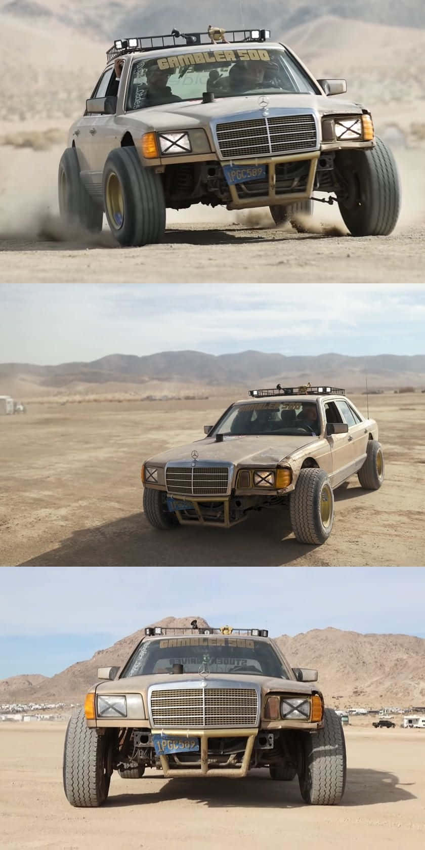 Off-road Car 桌布 壁紙 — 一架經過大幅改裝的梅賽德斯-賓士越野車在廣闊的沙漠景觀中高速行駛，揚起陣陣塵土。