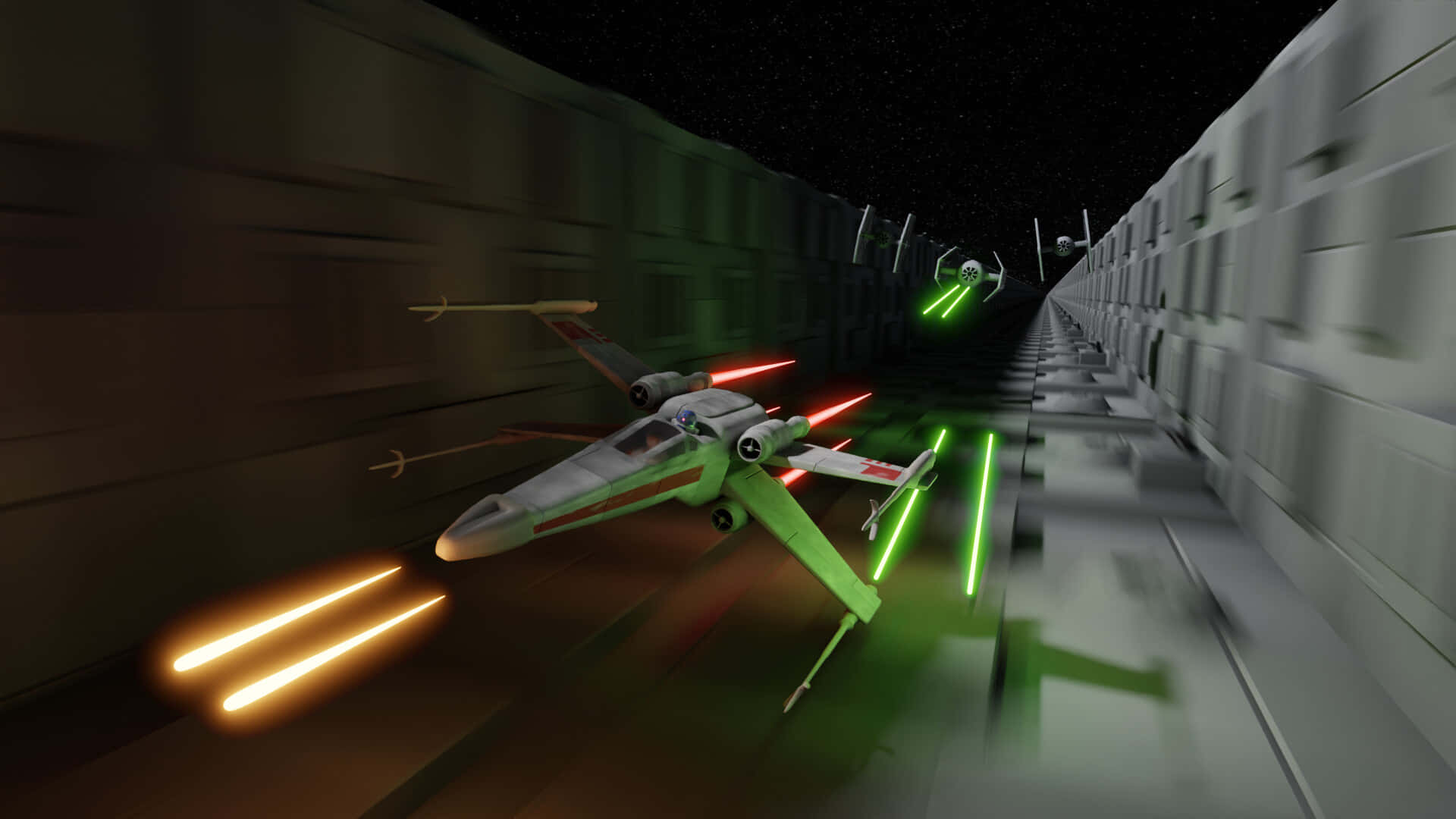 The Trench Run 桌布 壁紙 — 一架綠色X翼戰機穿過狹窄的太空走廊，向敵艦發射紅色和綠色的激光。