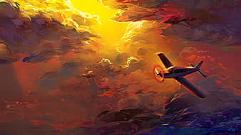 復古飛機在帶有戲劇性雲彩的火熱夕陽天空中飛行。