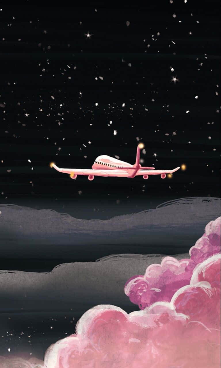 粉紅色飛機飛過星空夜空，上方是粉紅色的雲。