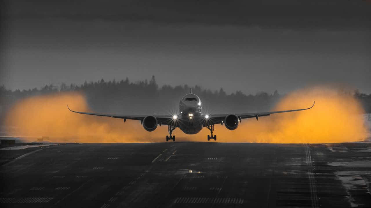 一架色彩繽紛的飛機穿過雲層 壁紙 — 一架噴射飛機在黃昏時降落在潮濕的跑道上，引擎排氣管發出橙色光芒，映襯著黑暗的天空。