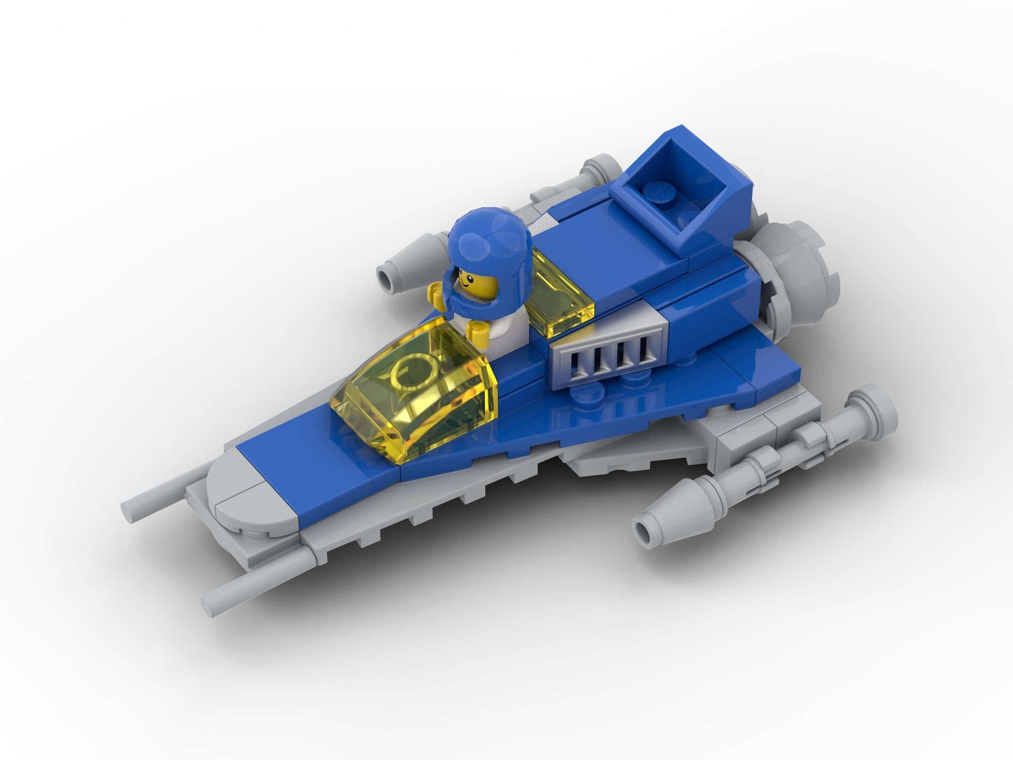 太空船 桌布 壁紙 — 一架藍灰色LEGO星際戰鬥機連同飛行員傾斜放置在純白色背景上。