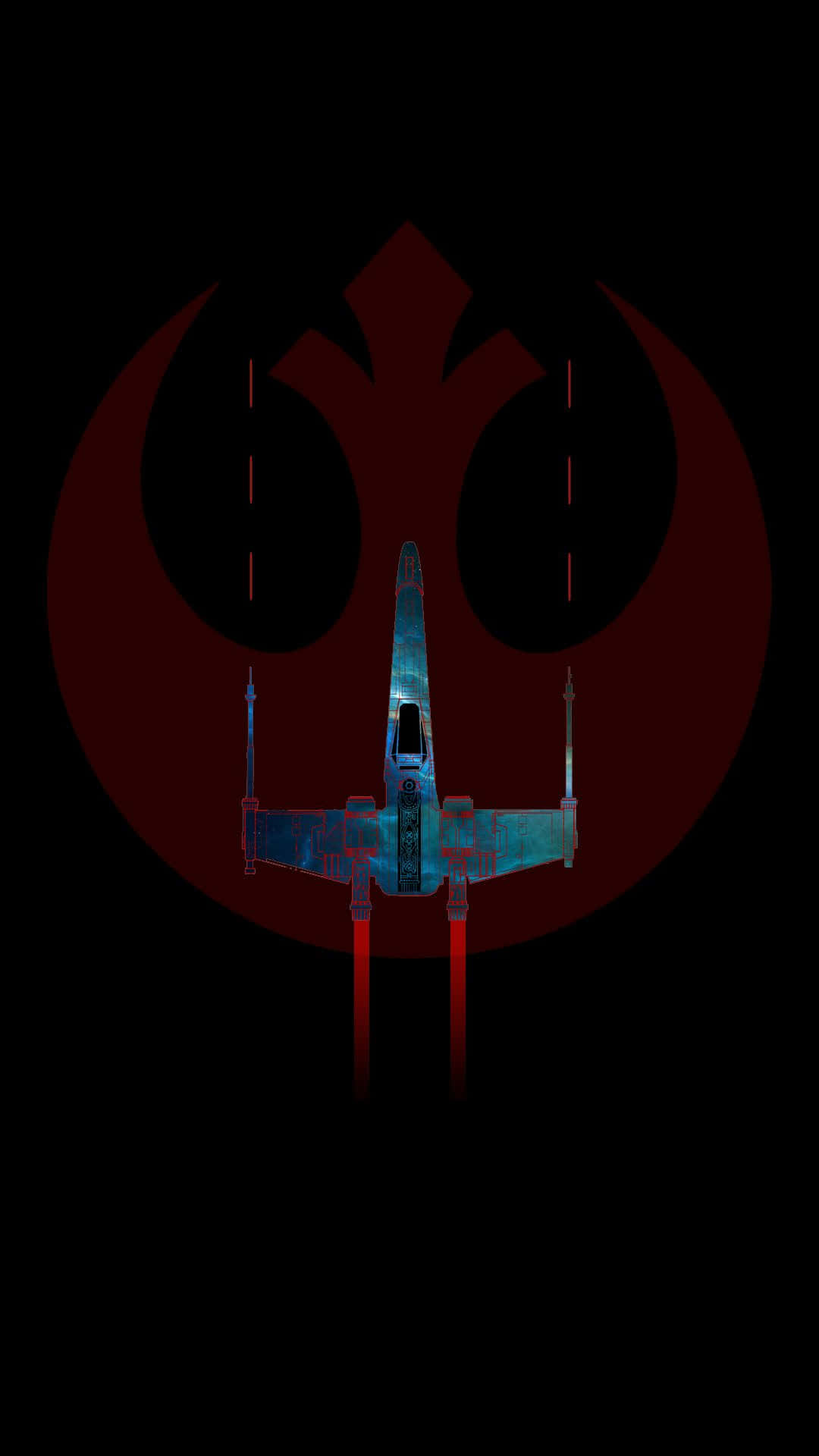 X-wing Fighter 桌布 壁紙 — 一架藍色X翼戰機在黑色背景上，朝著發光的紅色反抗軍同盟標誌向前飛行。