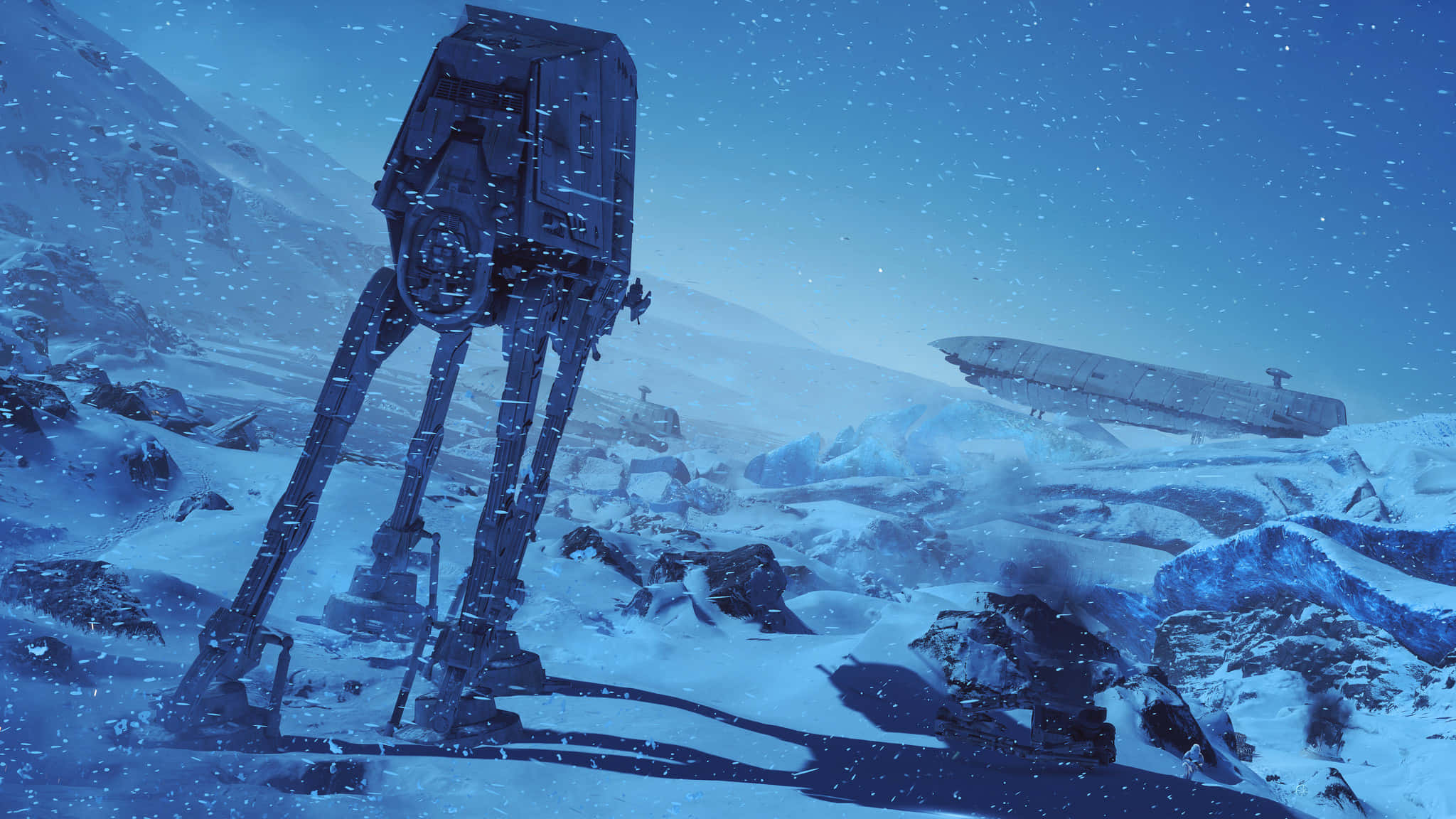 Hoth 桌布 壁紙 — 一架被雪覆蓋的AT-AT步行機站在冰凍的荒原上，背景是繁星點點的藍色天空和飄落的雪花。