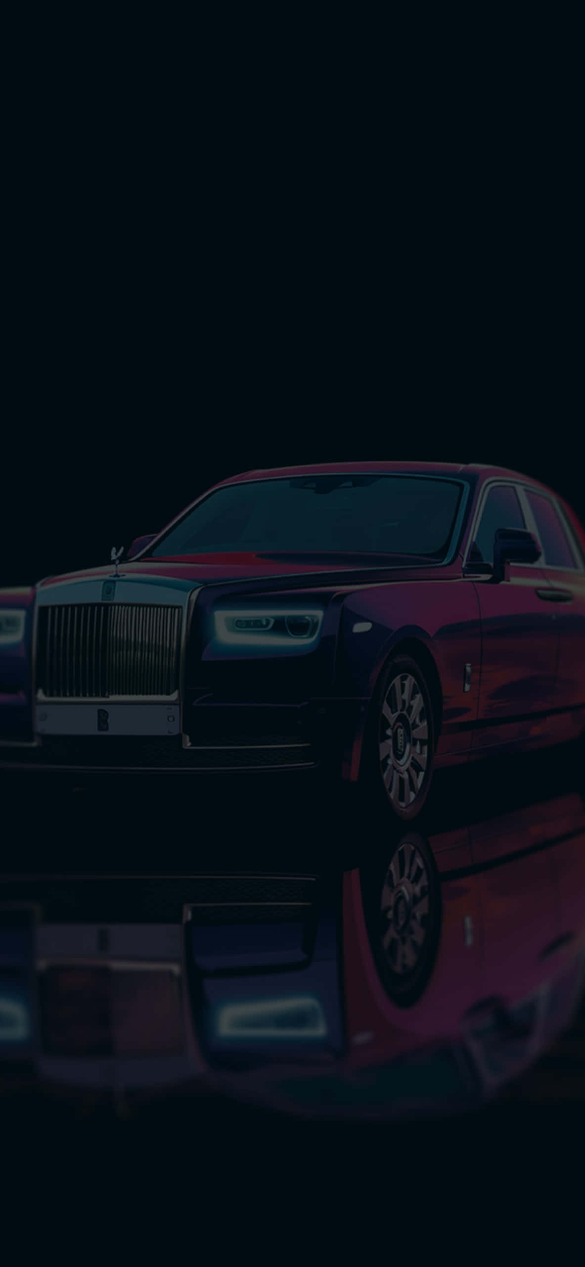Rolls Royce 桌布 壁紙 — 一架豪華紫色勞斯萊斯幻影在霓虹燈下閃耀，夜間在濕漉漉的路面上完美倒映。
