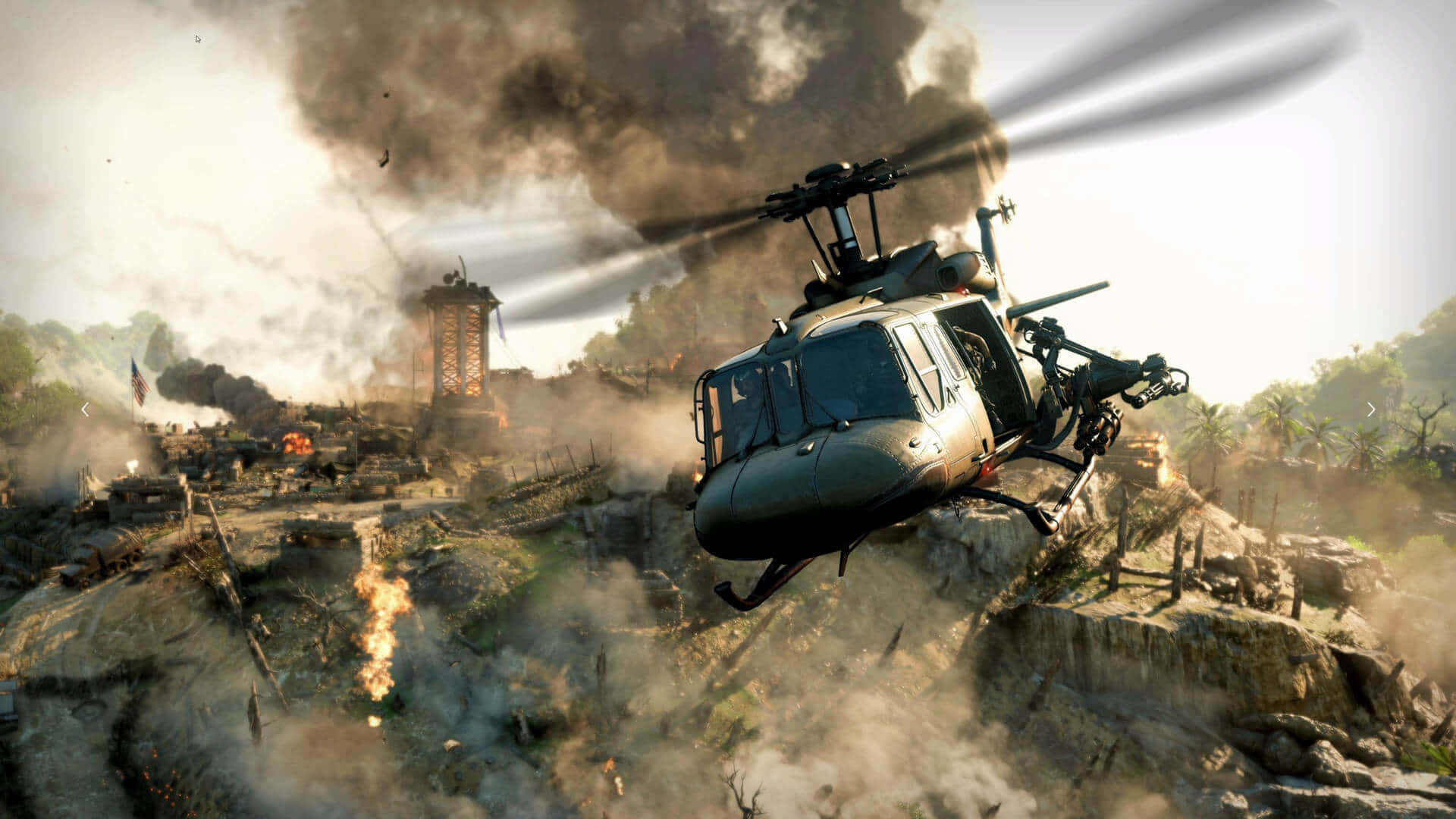 Call Of Duty Battles 桌布 壁紙 — 一架軍用直升機低飛過一個被戰爭摧毀的叢林戰場，伴隨著爆炸和升起的濃煙。