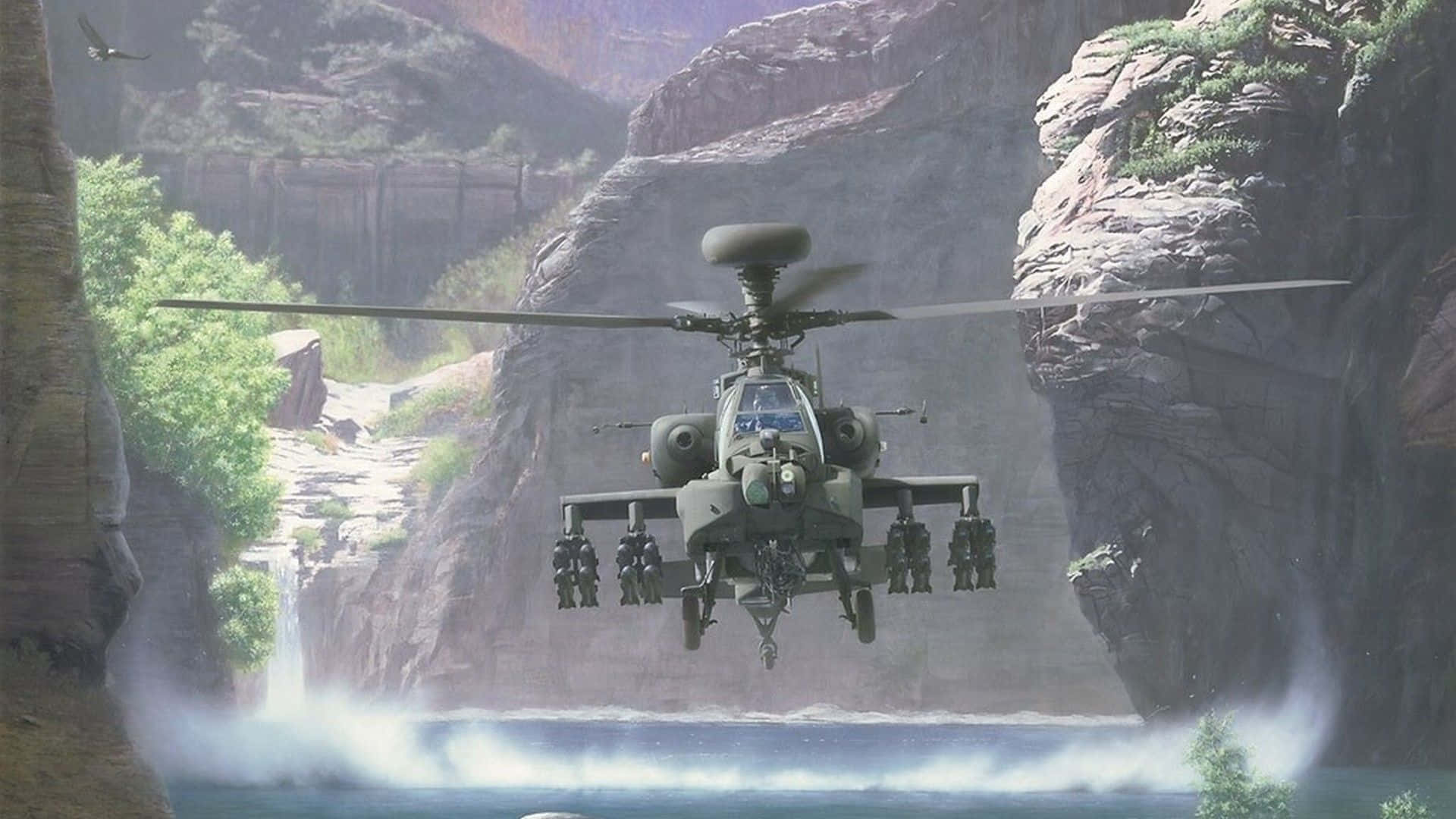 直升機 桌布 壁紙 — 一架軍用直升機在岩石峽谷的河流上空低空盤旋，旋翼下激起水花。