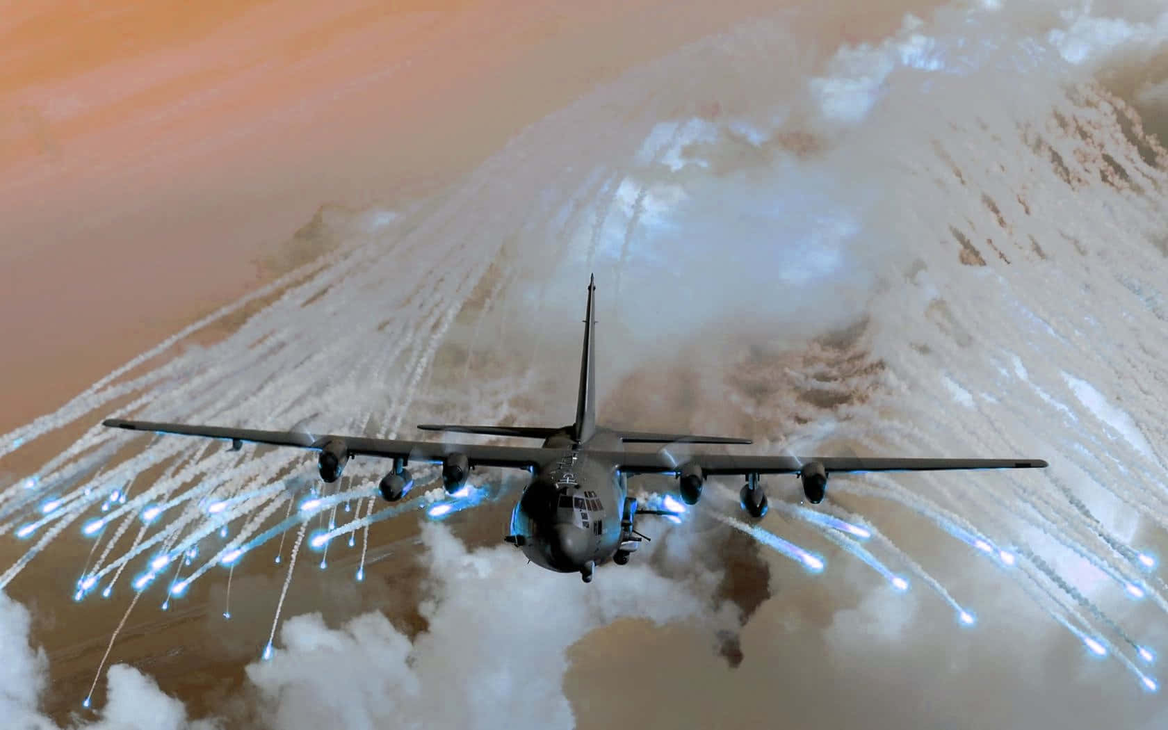 Aviation 桌布 壁紙 — 一架軍用運輸機在黃昏時分穿過雲層飛行，在戲劇性的天空中釋放照明彈。