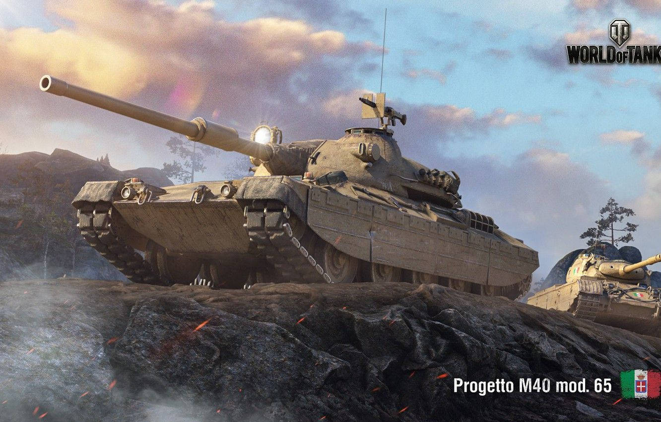 World of Tanks Progetto M40 壁紙 — 一架重型裝甲坦克，帶有長砲管，停在岩石地形上，天空多雲，附近有火花飛濺。