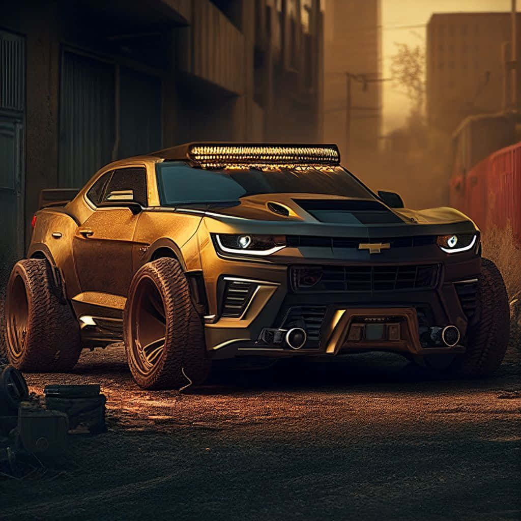 Off-road Car 桌布 壁紙 — 一架金色改裝雪佛蘭Camaro，配備超大輪胎和車頂燈，停泊在日落時分塵土飛揚的城市小巷中。