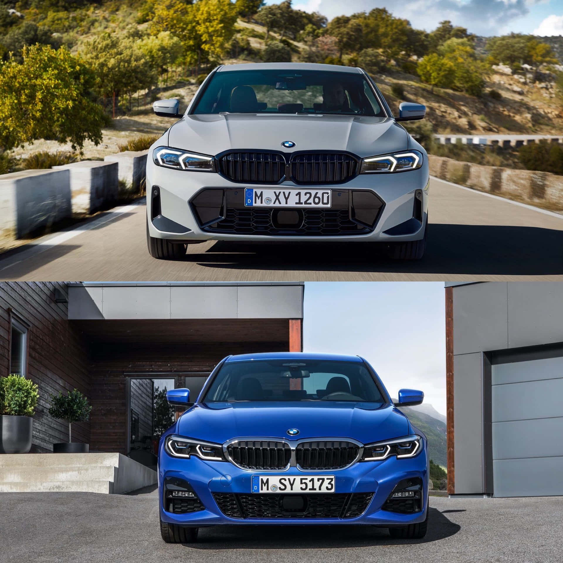 Bmw 3 Series 桌布 壁紙 — 一架銀色寶馬房車喺蜿蜒嘅山路行駛，而一架藍色寶馬房車就泊喺一間現代化房屋前面。