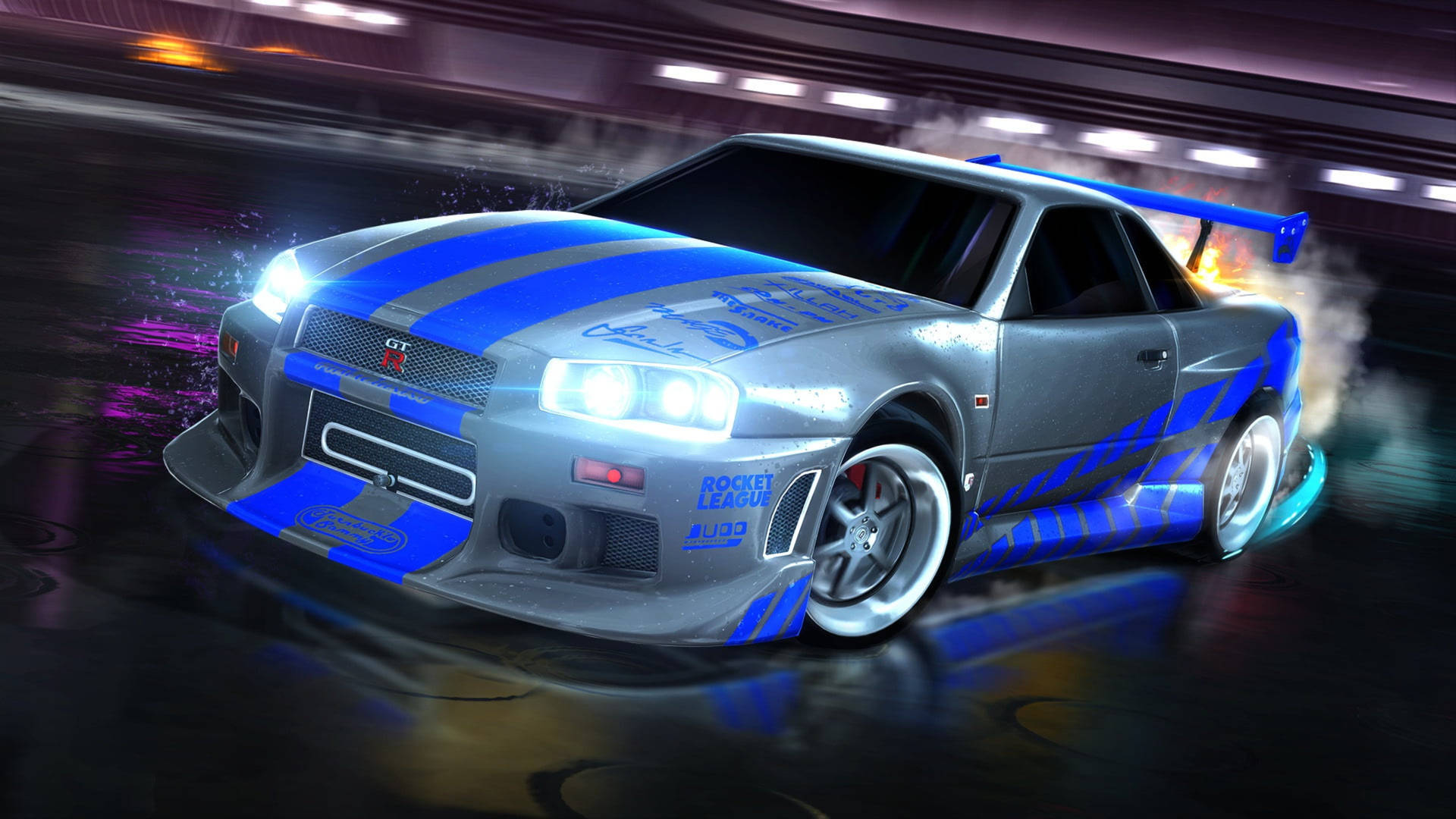Rocket League賽車喺黑暗競技場飄移，伴隨煙霧同霓虹燈光。 — 火箭聯盟 GIF 壁紙