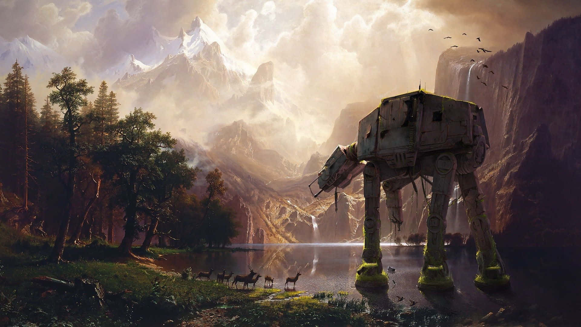 Cool Star Wars 桌布 壁紙 — 一架風化的AT-AT步行機矗立在霧氣瀰漫的山谷中，鹿群在附近吃草，鳥兒在頭頂飛翔。