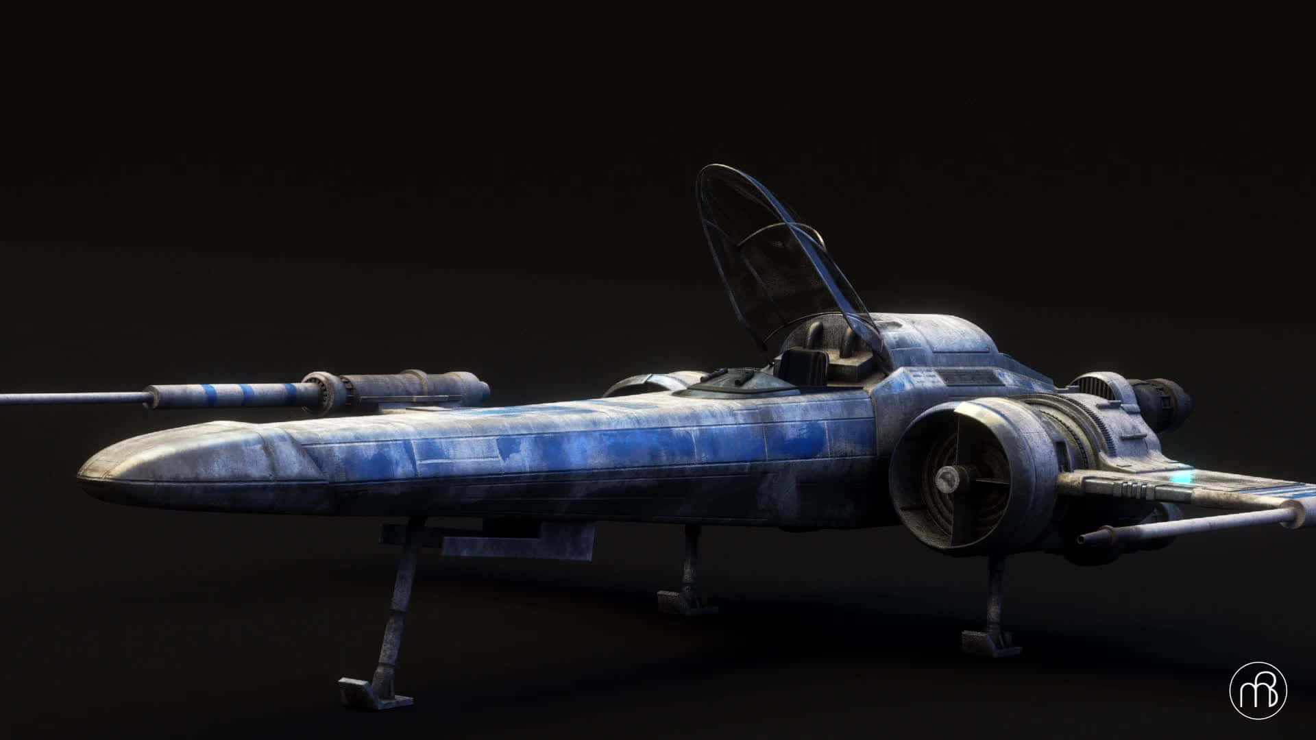 The Z-95 Headhunter 桌布 壁紙 — 一架風化的藍灰色星際戰鬥機，打開座艙蓋，停放在起落架上，背景是黑暗虛空。
