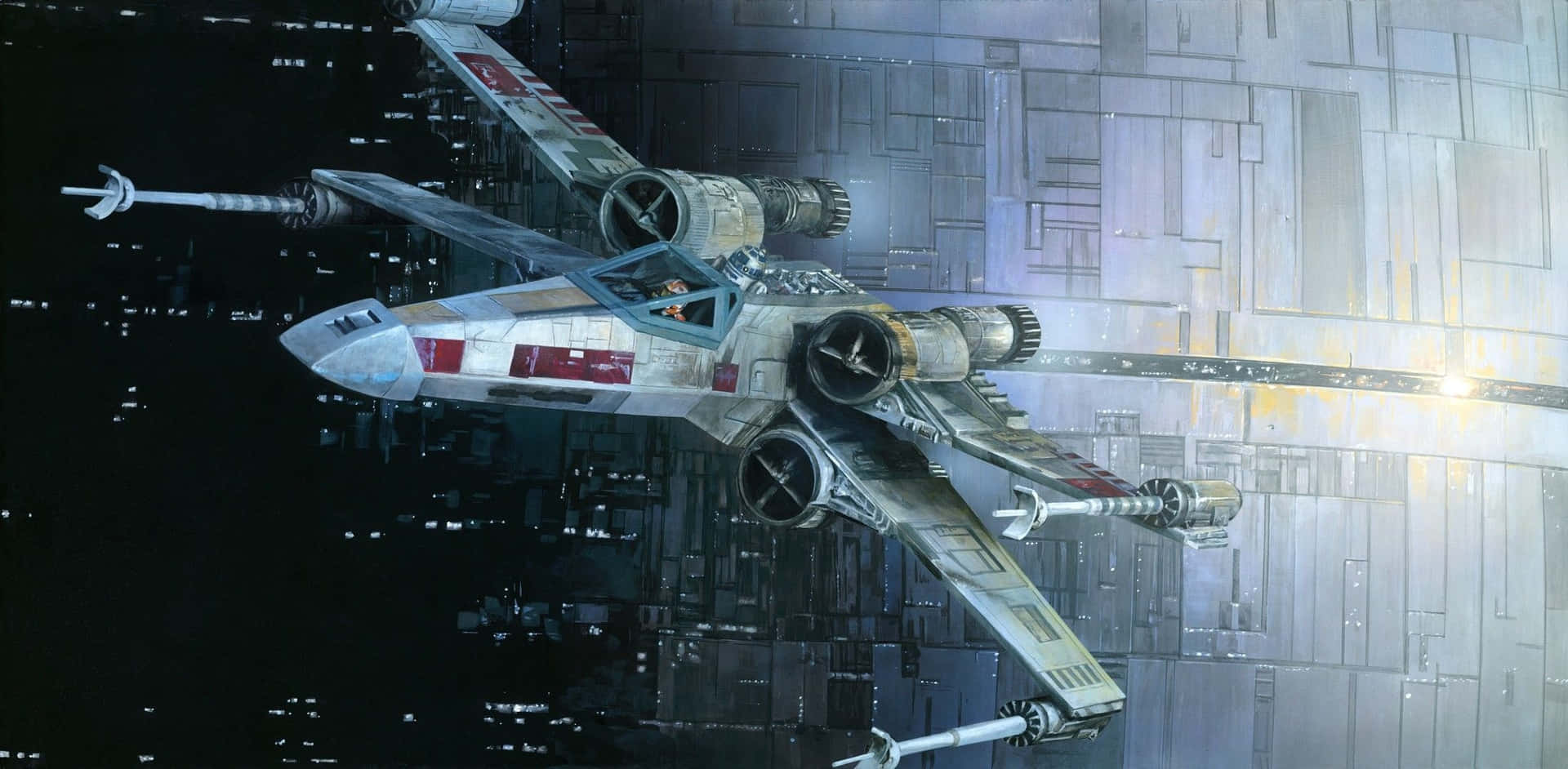 X-wing Fighter 桌布 壁紙 — 一架飽經風霜的X翼戰機在昏暗的人造燈光下飛過高聳的金屬太空站走廊。