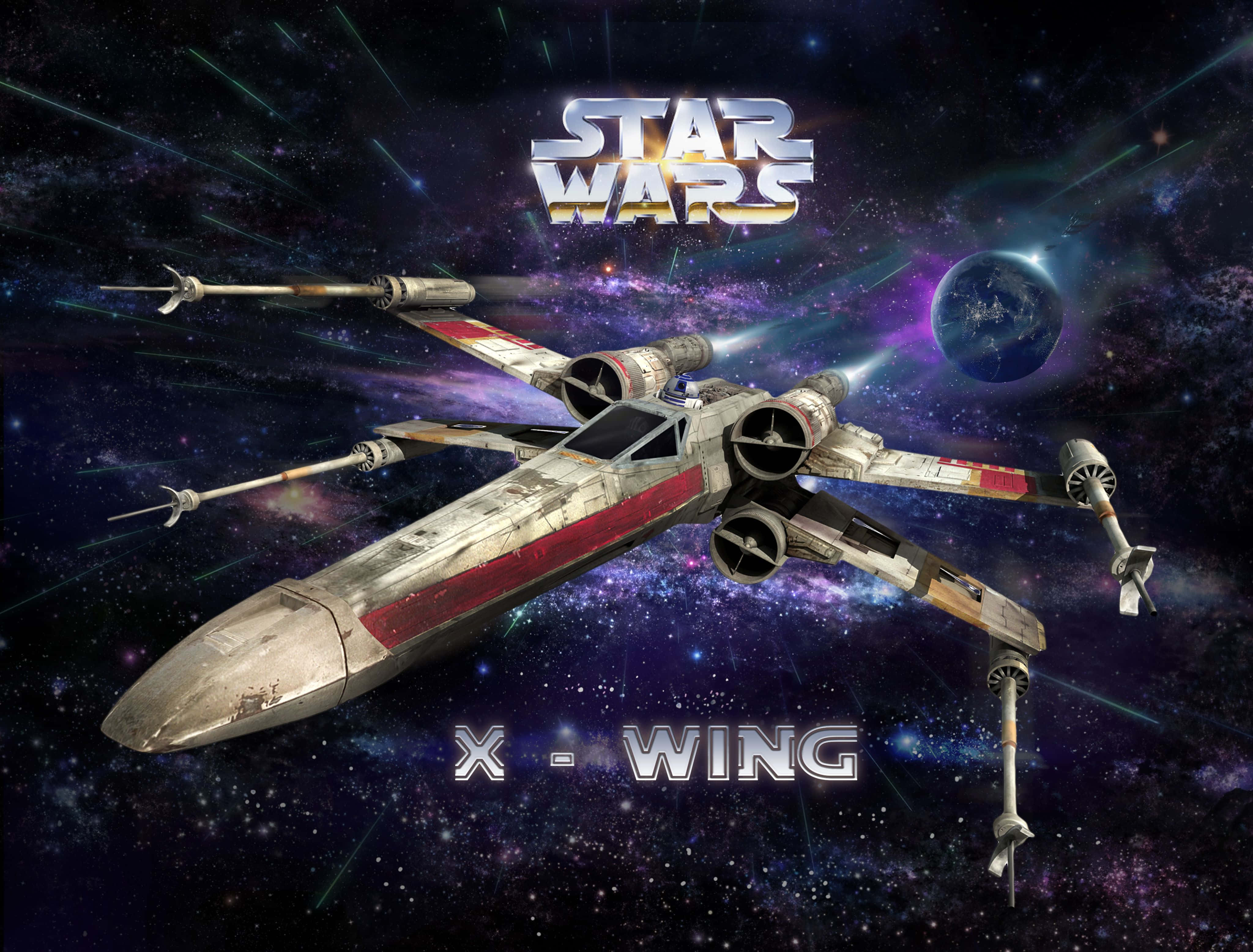X-wing Fighter 桌布 壁紙 — 一架飽經風霜的X翼戰機在星戰標誌下，穿過充滿活力的星域，背景有藍色行星和發光的星雲。