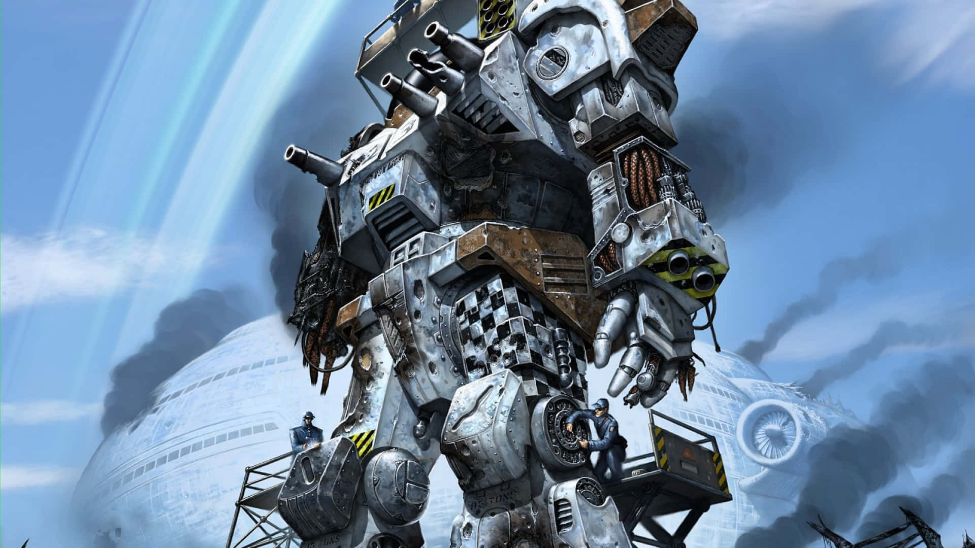 Battletech 桌布 壁紙 — 一架高聳的戰鬥機甲矗立在煙霧和瓦礫中，工人們在腳手架上，背景是藍天。