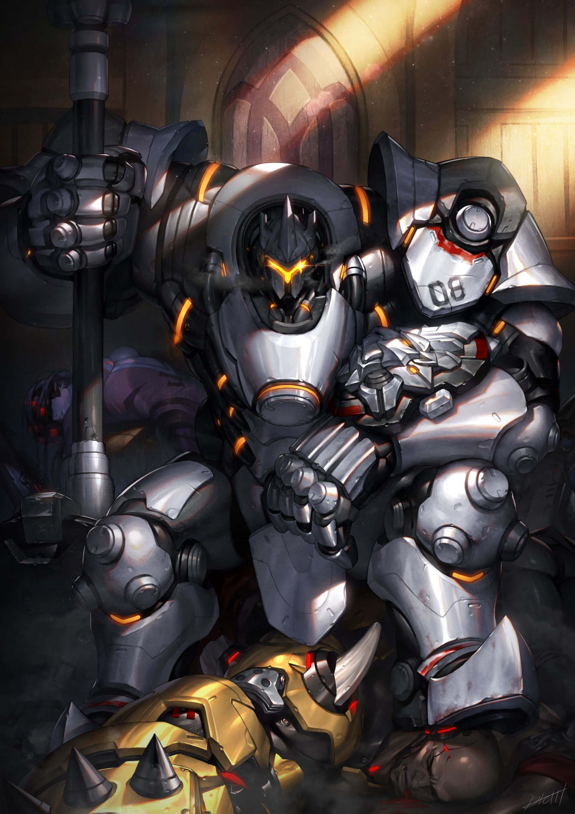 Overwatch Reinhardt 桌布 壁紙 — 一架高聳的裝甲機甲，帶有發光的橙色點綴，站在一個昏暗的大教堂般的環境中，俯視著一個被擊敗的金色機器人。