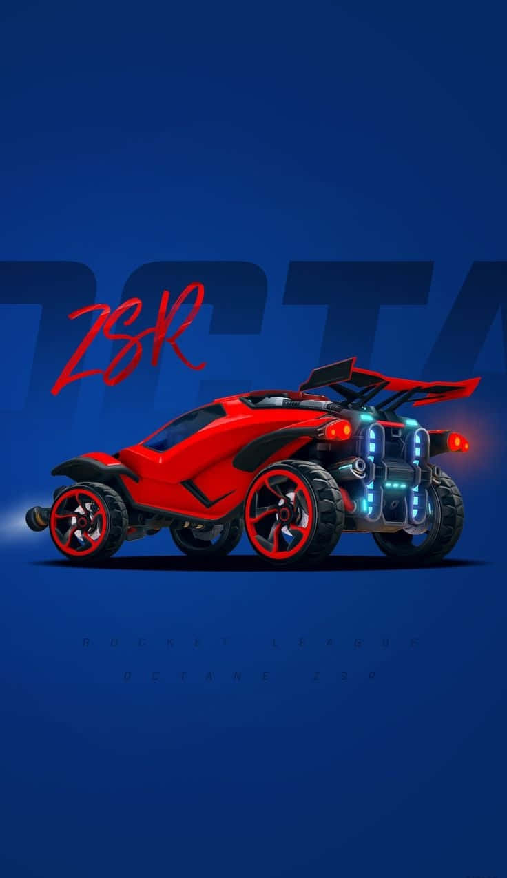 火箭聯盟 桌布 壁紙 — 一架鮮紅色的Rocket League Octane ZSR賽車，帶有發光的藍色推進器和紅色點綴，矗立在深藍色漸變背景前。