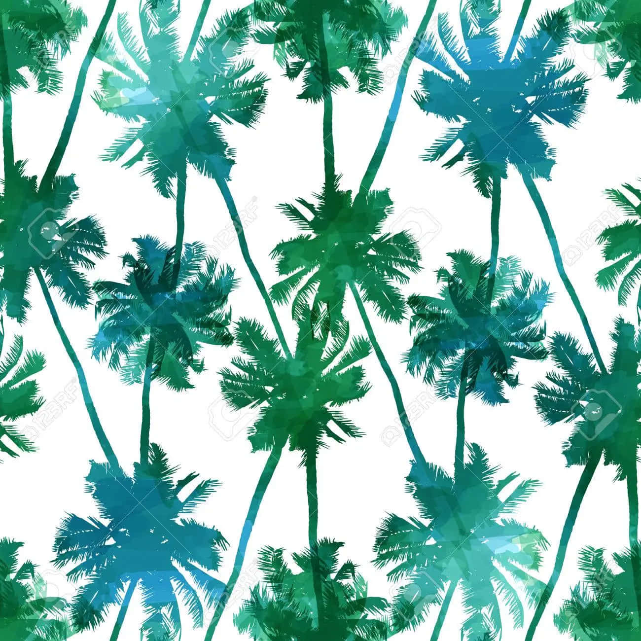 一株可愛棕櫚樹環繞在海灘沙灘旁 壁紙 — 熱帶棕櫚樹以充滿活力的綠色和藍綠色水彩洗滌，在明亮的白色背景上創造出無縫圖案。
