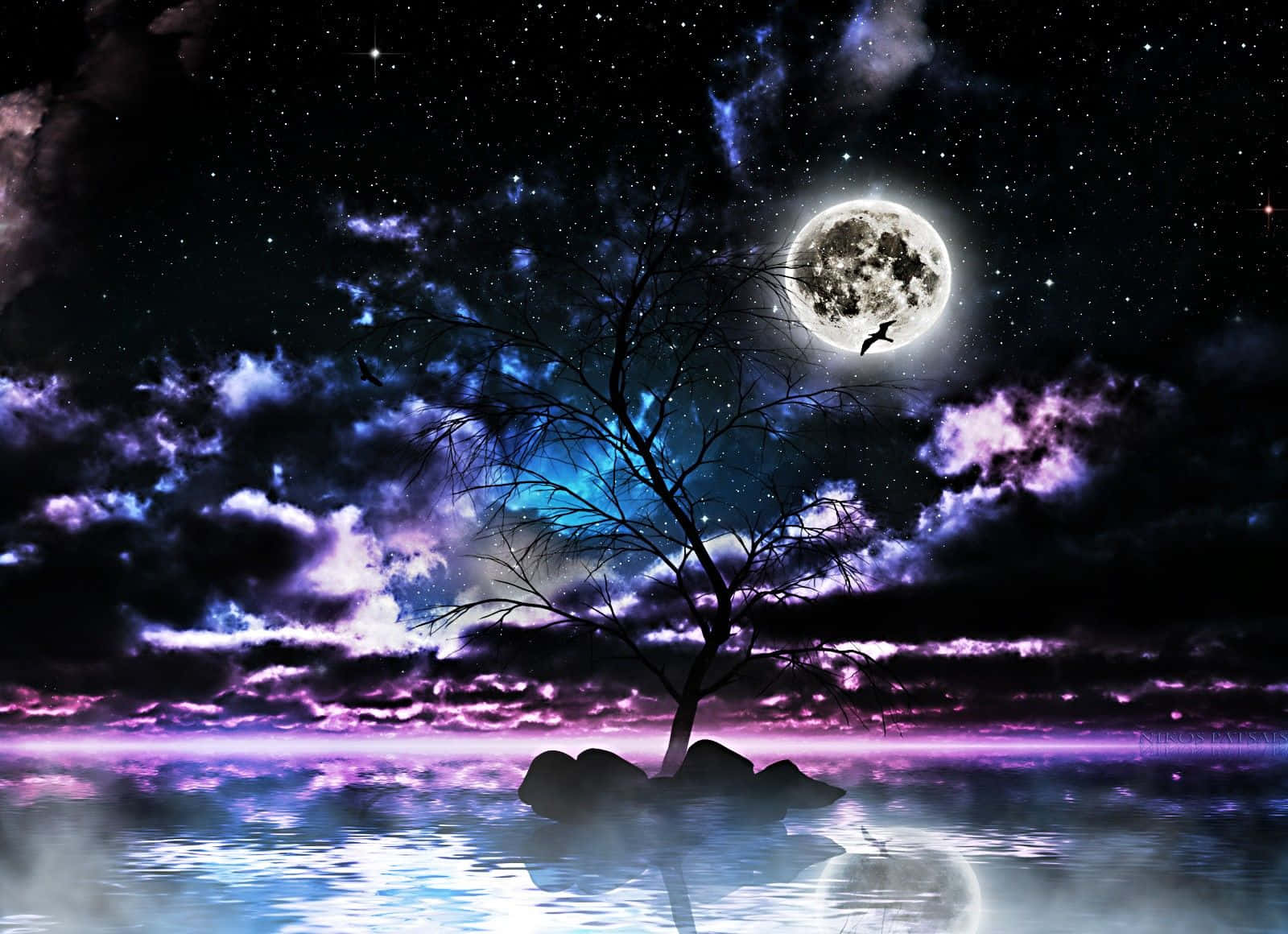 月亮與星星動畫 桌布 壁紙 — 一株孤獨的裸樹矗立在平靜湖面的岩石上，上方是閃耀的滿月和充滿活力的紫藍色星空。