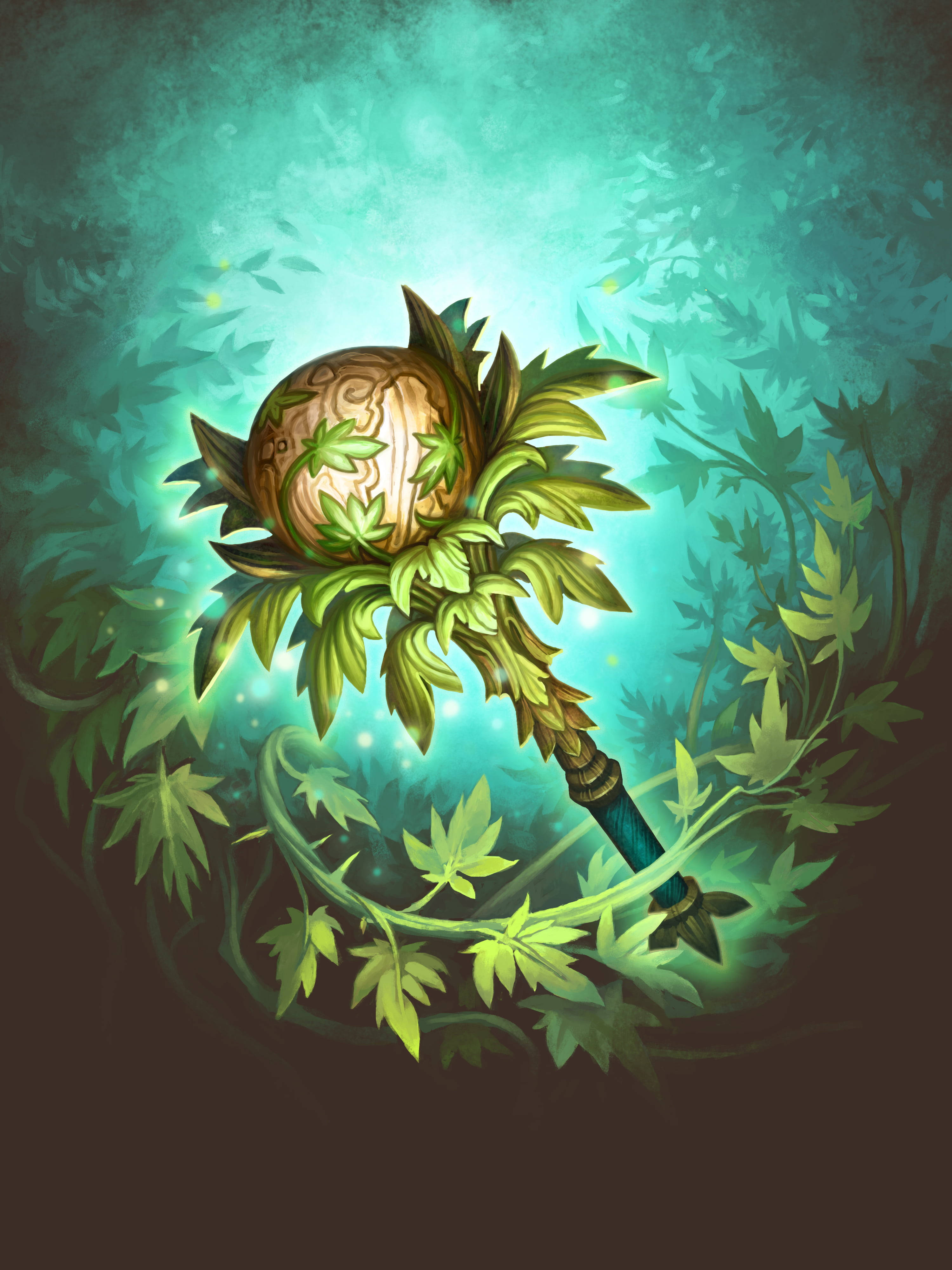 樹 桌布 壁紙 — 一根發光的魔法杖纏繞著鮮綠色的葉子和藤蔓，在黑暗的魔法森林中散發出空靈的光芒。