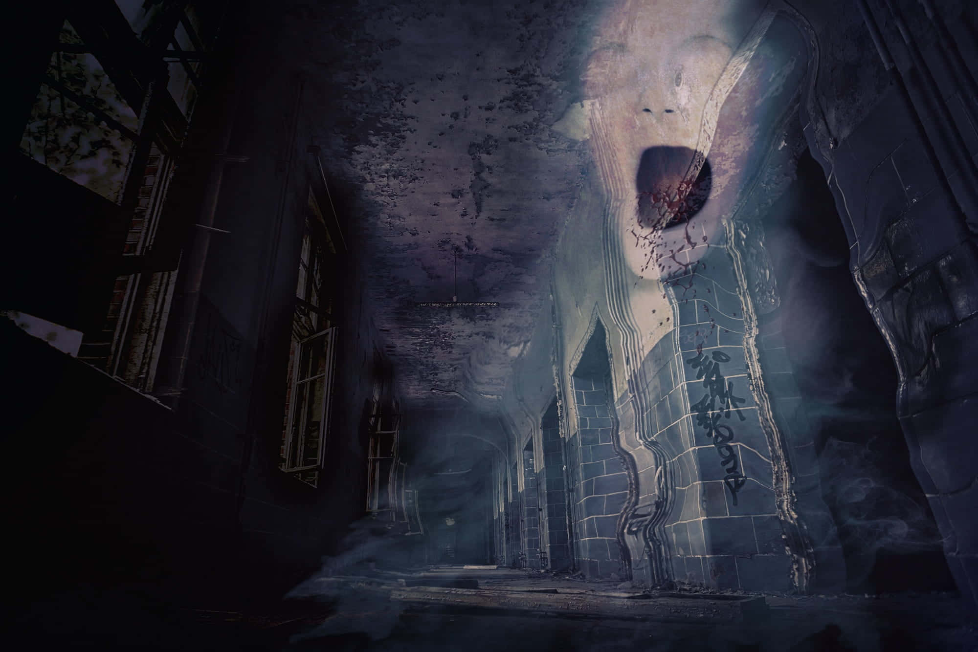 Dark Spirit 桌布 壁紙 — 一條令人毛骨悚然的數碼藝術走廊，在昏暗的藍光下，一個幽靈般尖叫的臉孔從破損的牆壁中浮現。