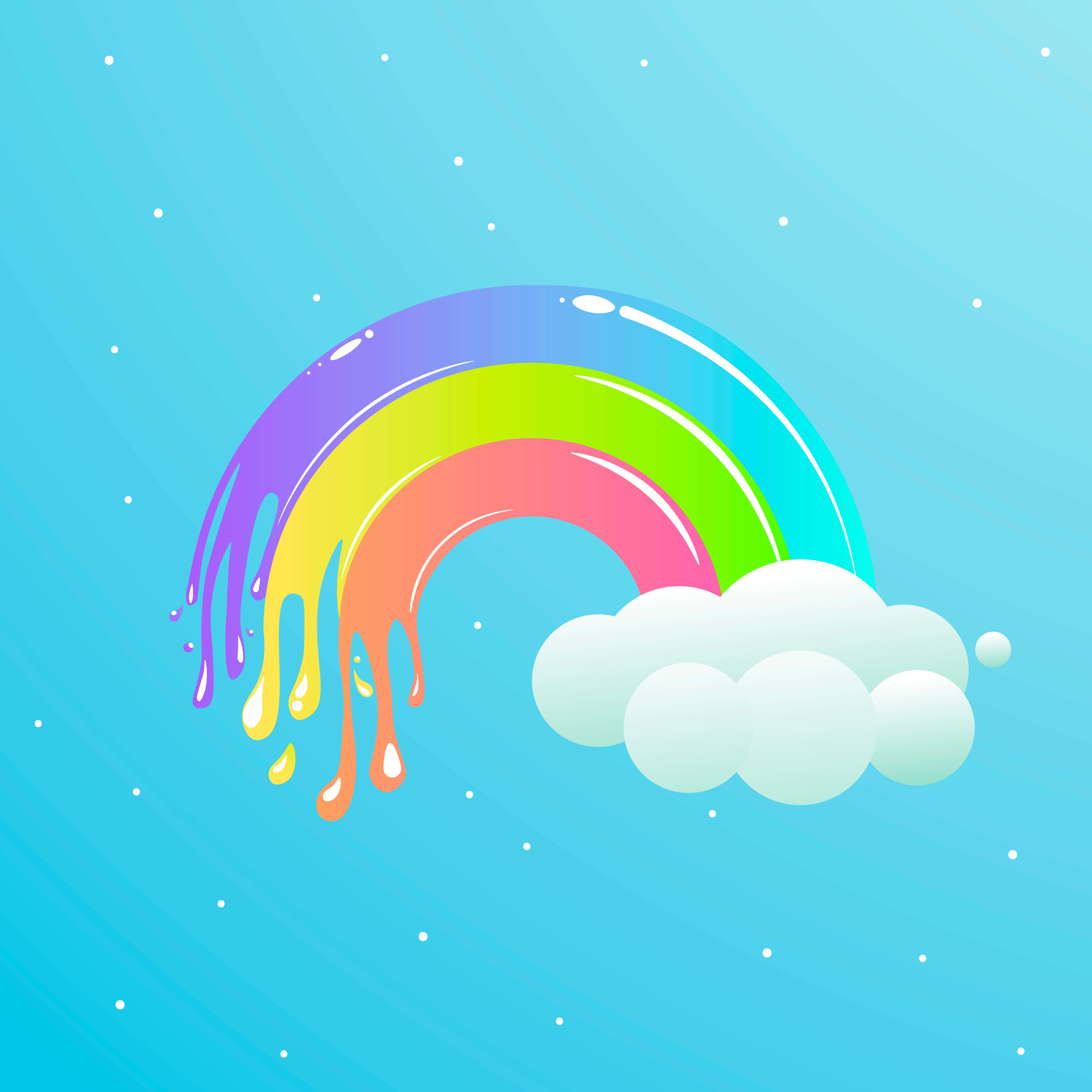 Kawaii Rainbow 桌布 壁紙 — 一條充滿活力的卡通彩虹在柔和的藍天、蓬鬆的雲朵和散落的白色點點背景下，從兩端滴下色彩繽紛的顏料。