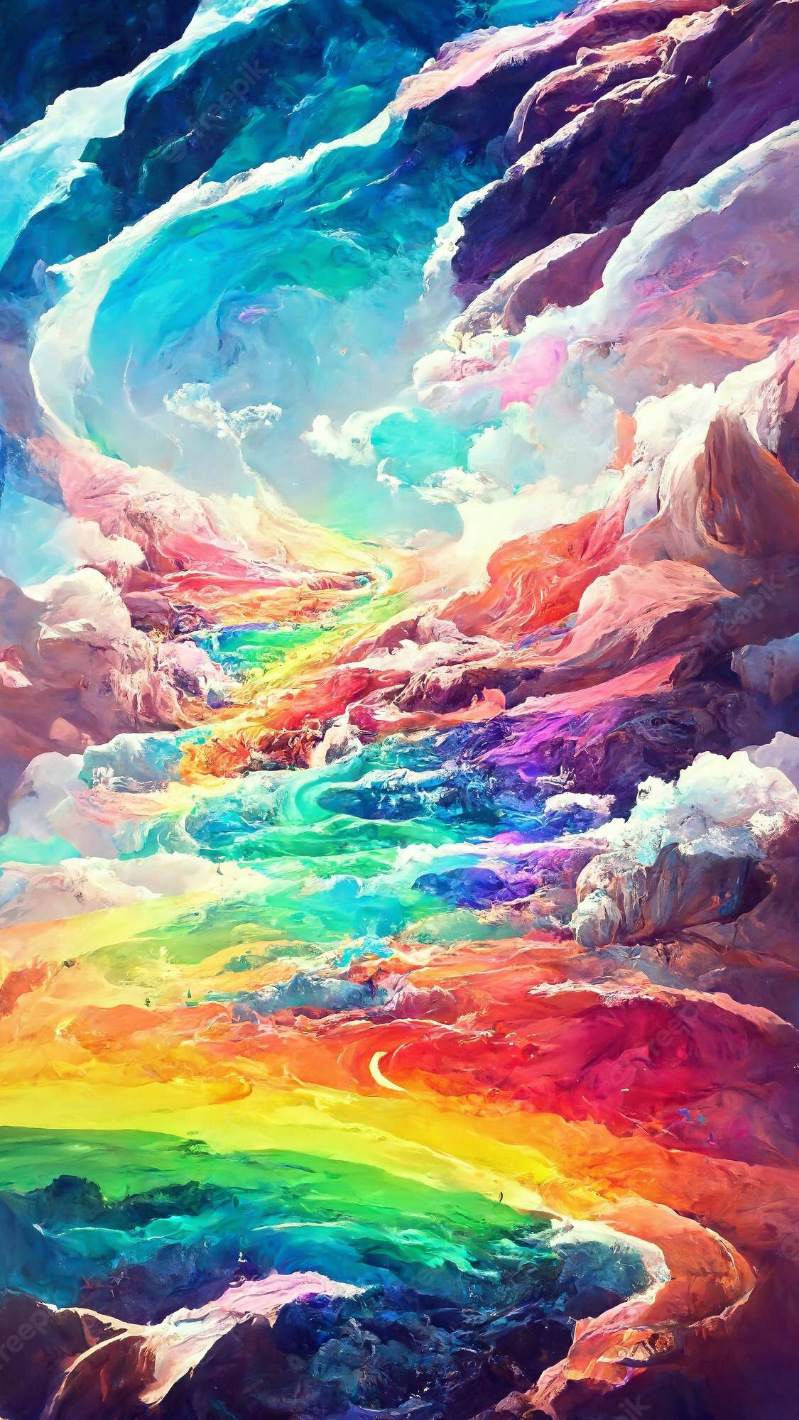 迷幻 桌布 壁紙 — 一條充滿活力的彩虹河流經超現實、色彩繽紛的山脈，天空盤旋。