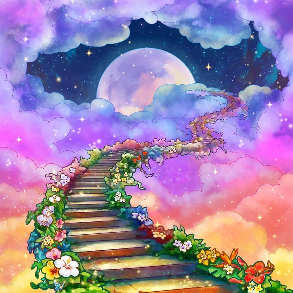 Stairway To Heaven 桌布 壁紙 — 一條充滿活力的樓梯，點綴著色彩繽紛的花朵，穿過粉彩雲層，朝向星空中的一輪明月上升。