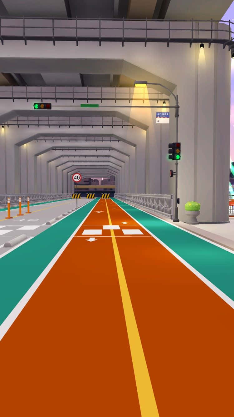 Zepeto 桌布 壁紙 — 一條充滿活力的橙色和藍綠色單車道穿過現代隧道，設有交通燈和速度標誌。