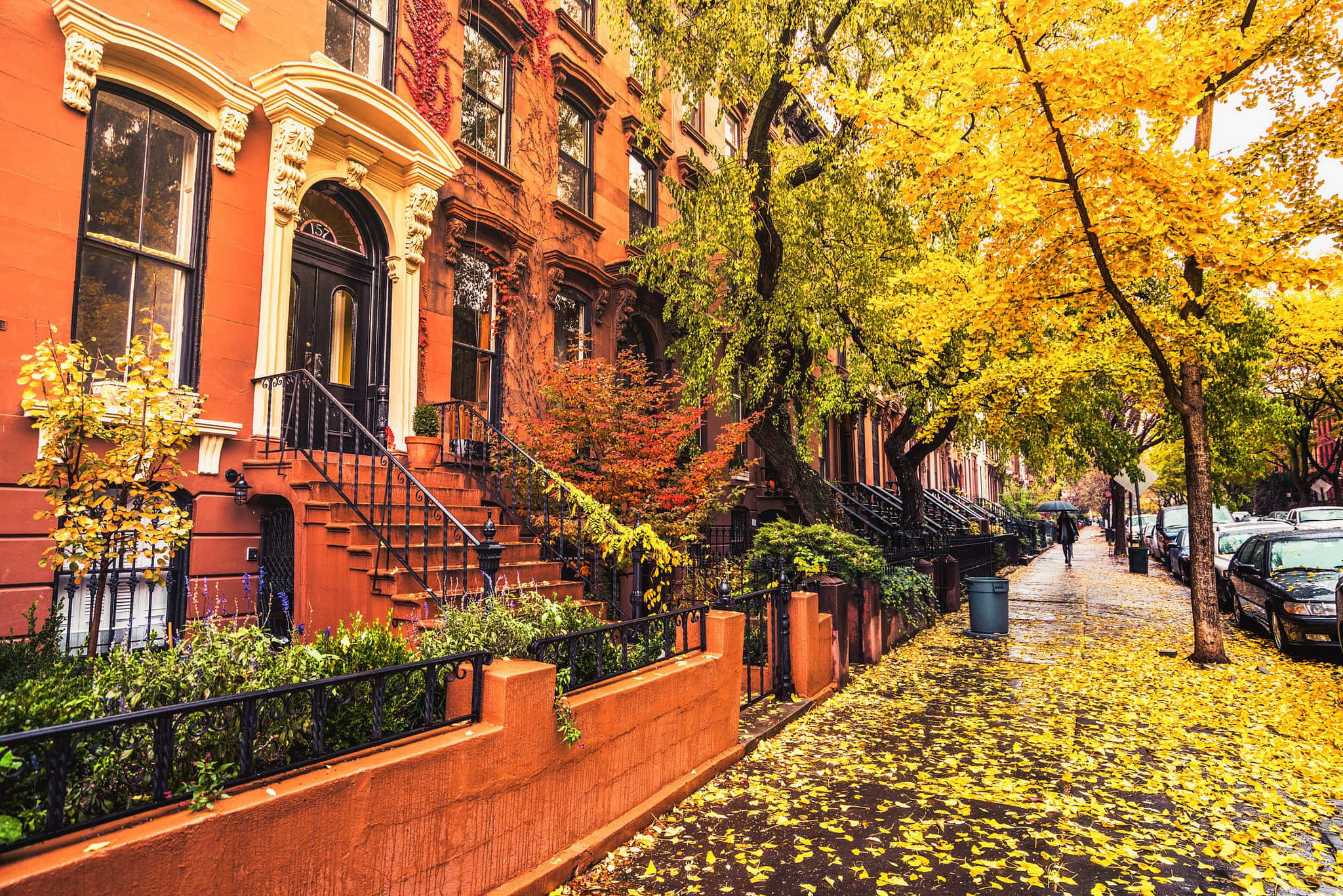 Fall Town 桌布 壁紙 — 一條充滿活力的秋日街道，兩旁是紅磚褐石建築和金色的楓樹，落葉飄落在潮濕的人行道上。