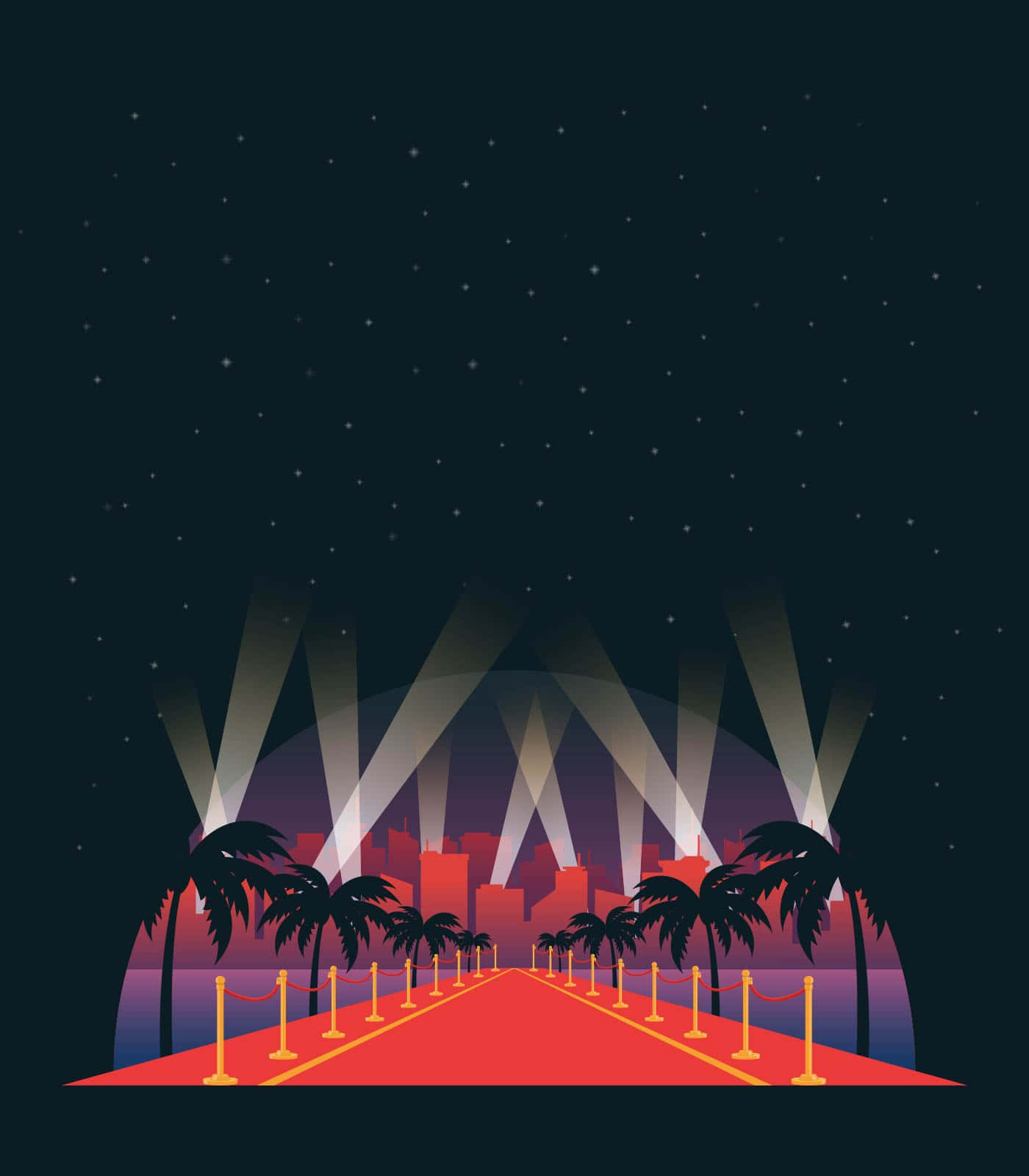 星星 桌布 壁紙 — 一條充滿活力的紅地毯在星空夜空下，伴隨著棕櫚樹和聚光燈，延伸向閃爍的城市天際線。