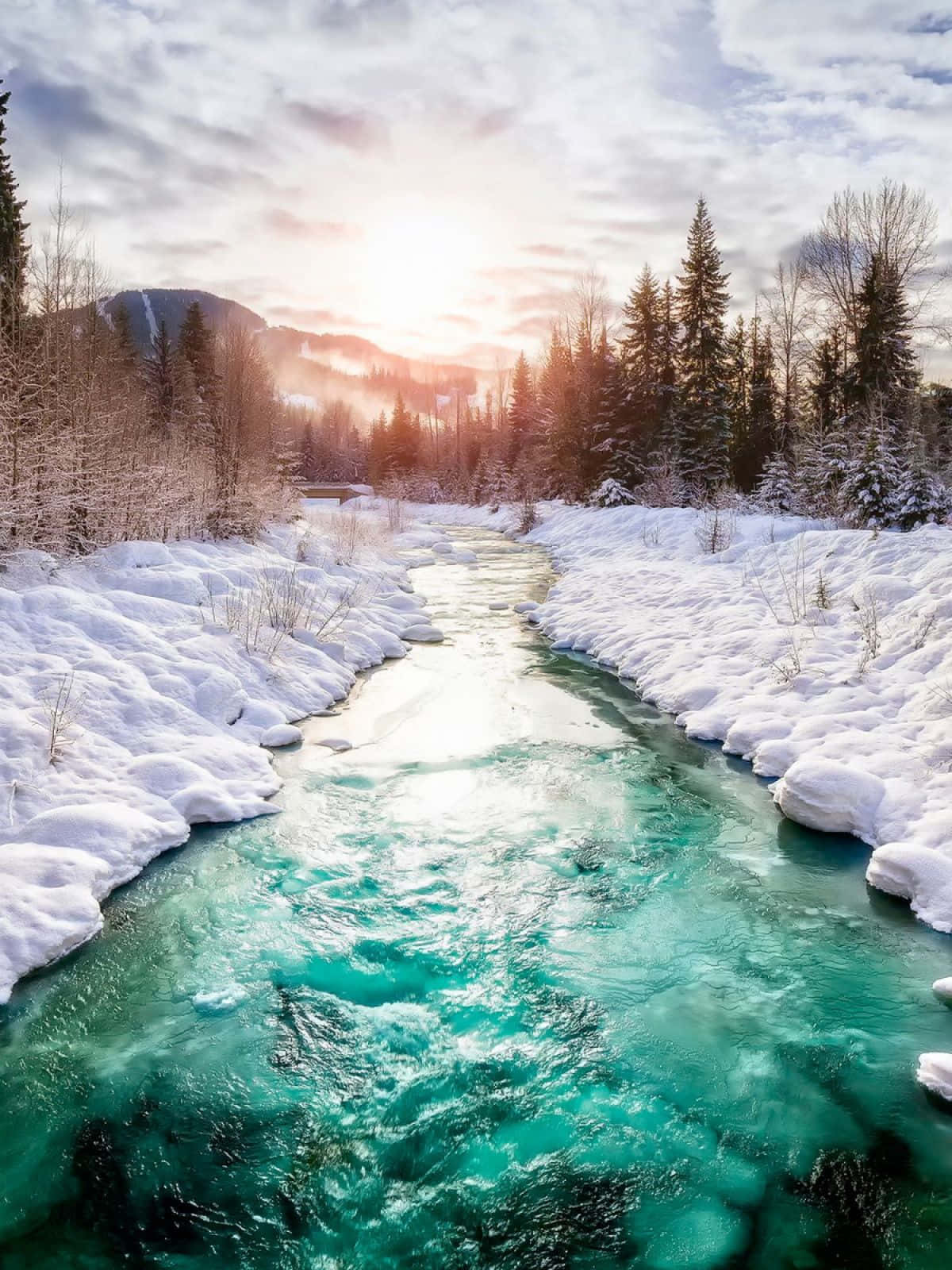 Winter Phone 桌布 壁紙 — 一條充滿活力的藍綠色河流在日出時流經白雪覆蓋的冬季森林，背景是霧氣瀰漫的山脈。