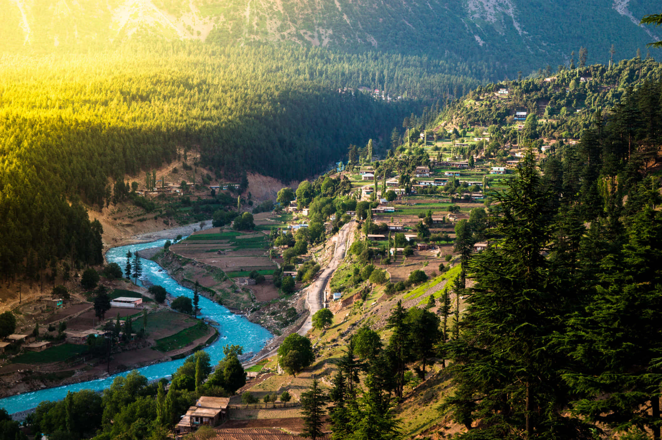 Pakistan 桌布 壁紙 — 一條充滿活力的藍綠色河流蜿蜒穿過鬱蔥的綠色山谷，山谷中有一個山村坐落在茂密的森林中，沐浴在金色的陽光下。