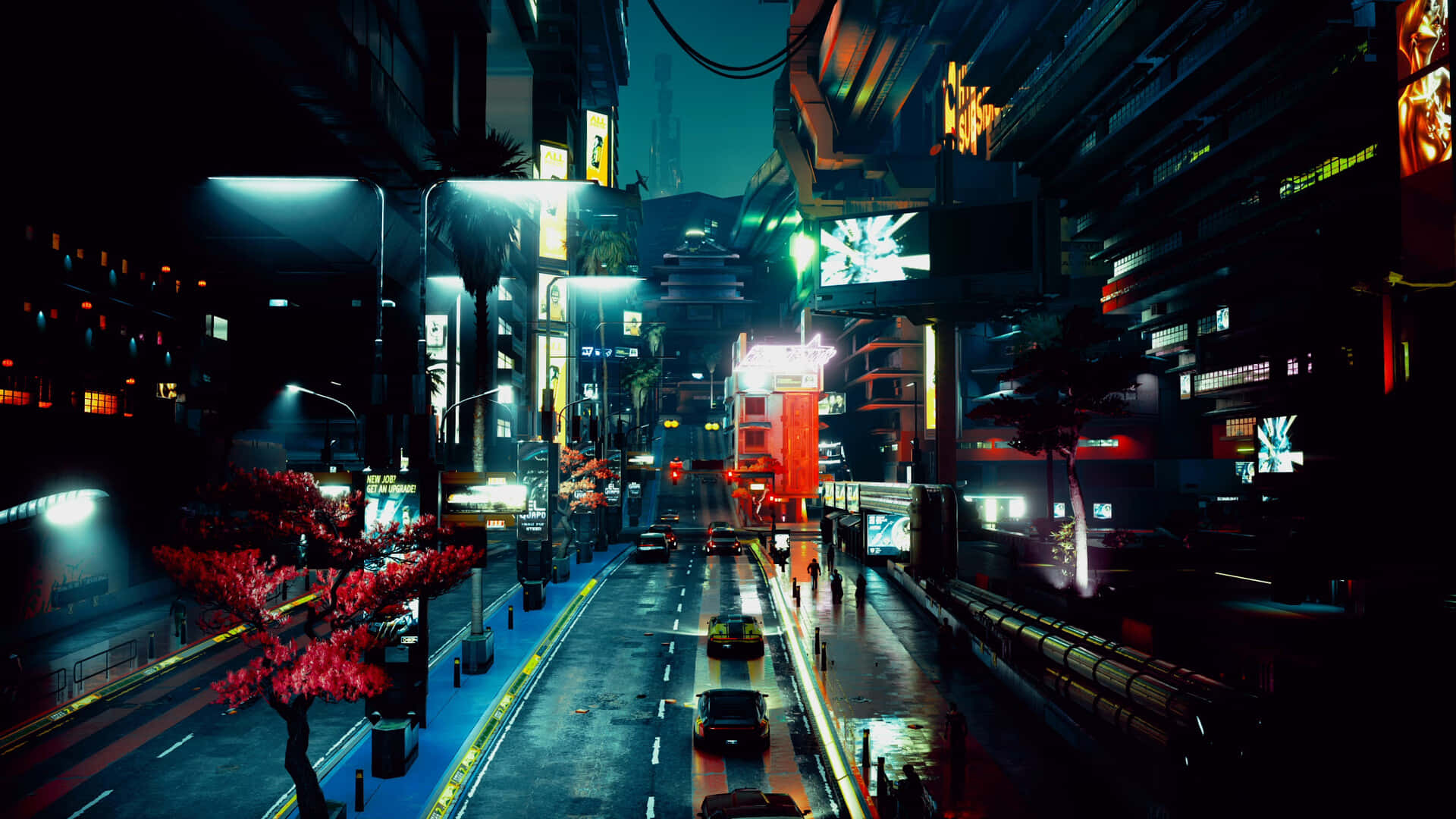 Dark Cyberpunk 桌布 壁紙 — 一條充滿霓虹燈的賽博朋克城市街道，夜晚有發光的招牌、濕漉漉的路面和投下紅色陰影的櫻花樹。