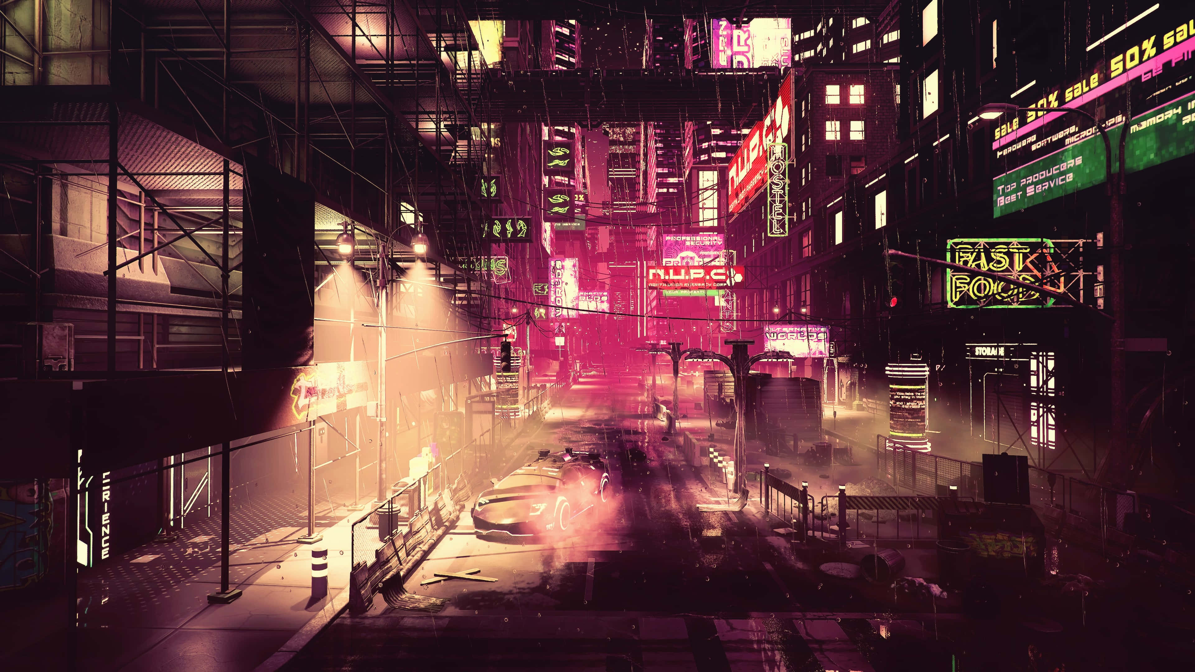Dark Dystopian 桌布 壁紙 — 一條充滿霓虹燈的賽博朋克城市街道，夜晚中發光的招牌映照在潮濕的路面上，一輛孤獨的汽車留下光跡。