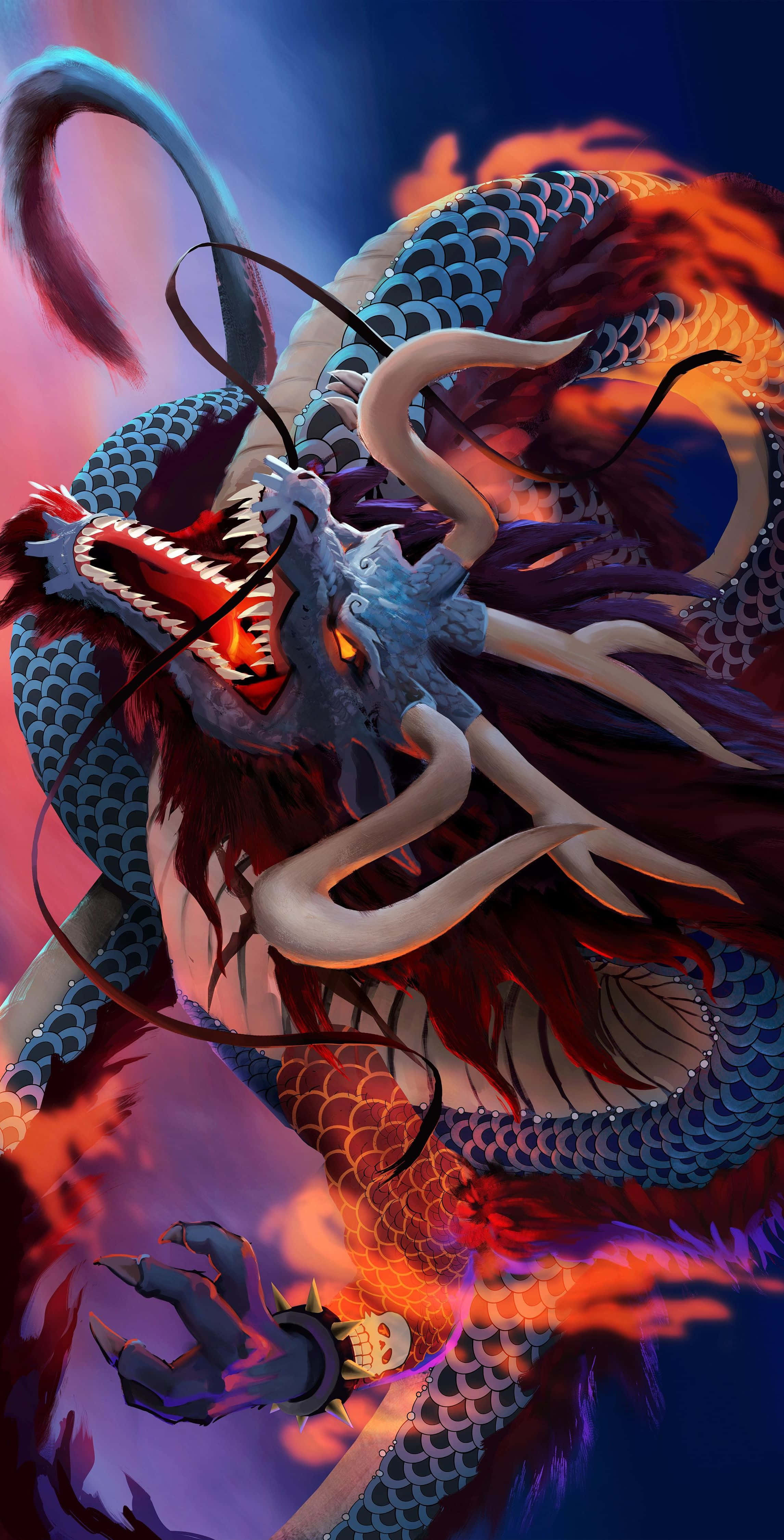 Yonko 桌布 壁紙 — 一條兇猛的藍紅龍，眼睛發光，吐著火焰，在宇宙背景下動態地盤繞著。