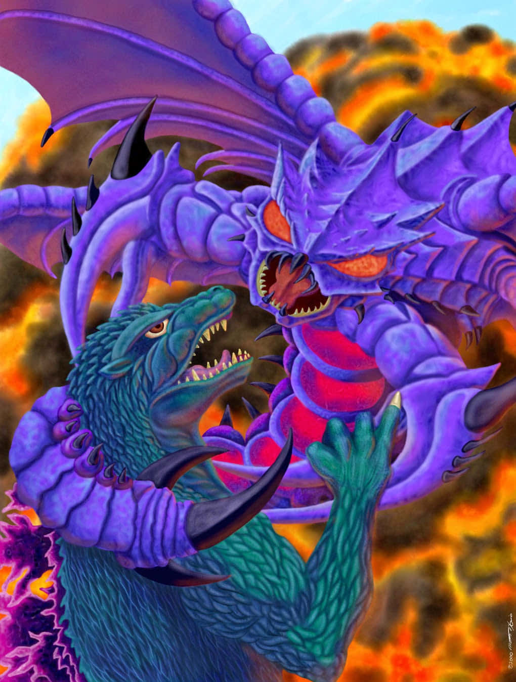 Godzilla Vs Megaguirus 桌布 壁紙 — 一條兇猛的藍龍在旋轉的火焰和煙霧中與一條巨大的紫色龍戰鬥。