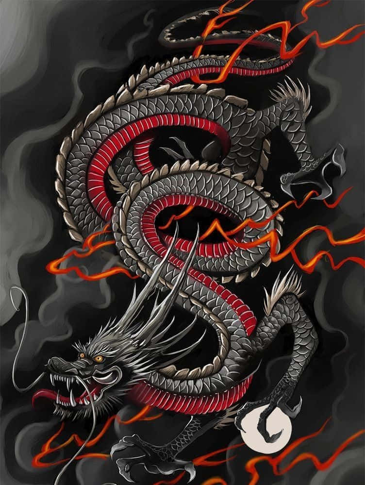 Yokai 桌布 壁紙 — 一條兇猛的金屬龍在黑暗煙霧中盤旋，帶有發光的橙色火焰和紅色腹部。