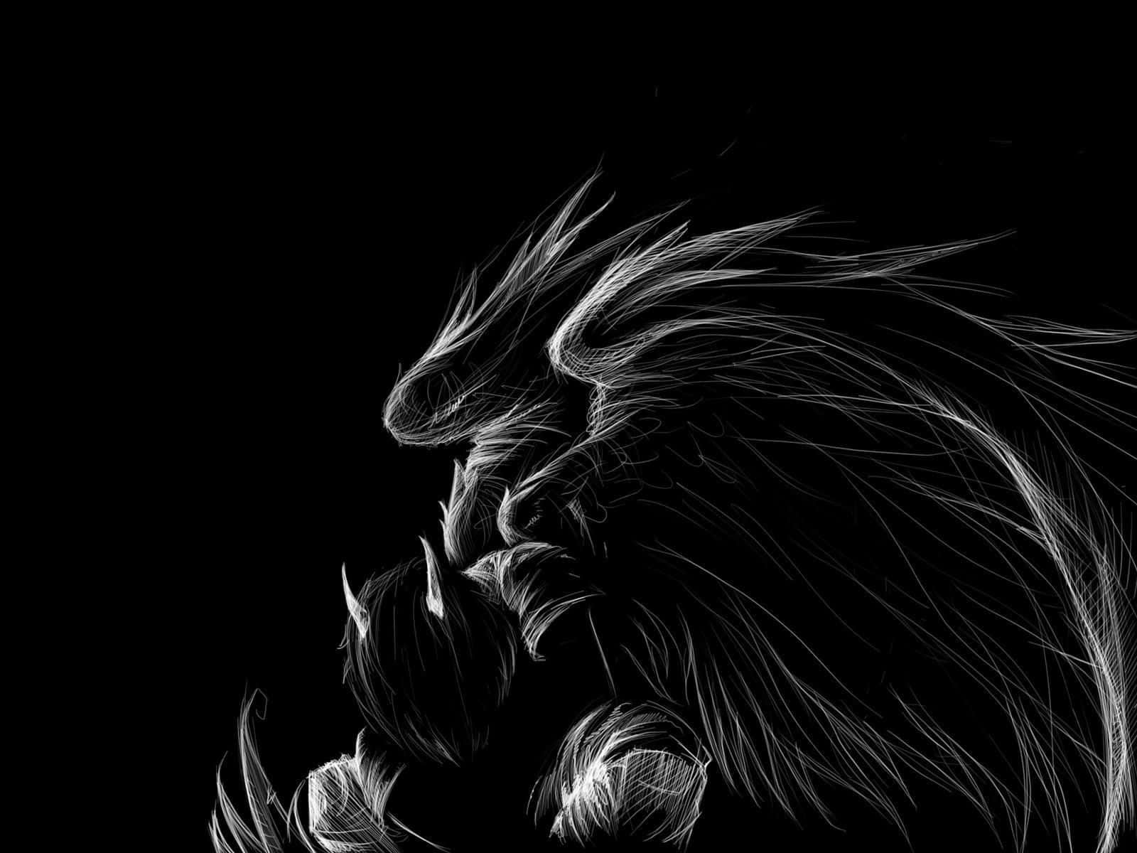 Lucifer Wings 桌布 壁紙 — 一條兇猛的龍，以發光的白色線條繪製在純黑色背景上，擁有動態飄逸的鬃毛和鋒利的角。