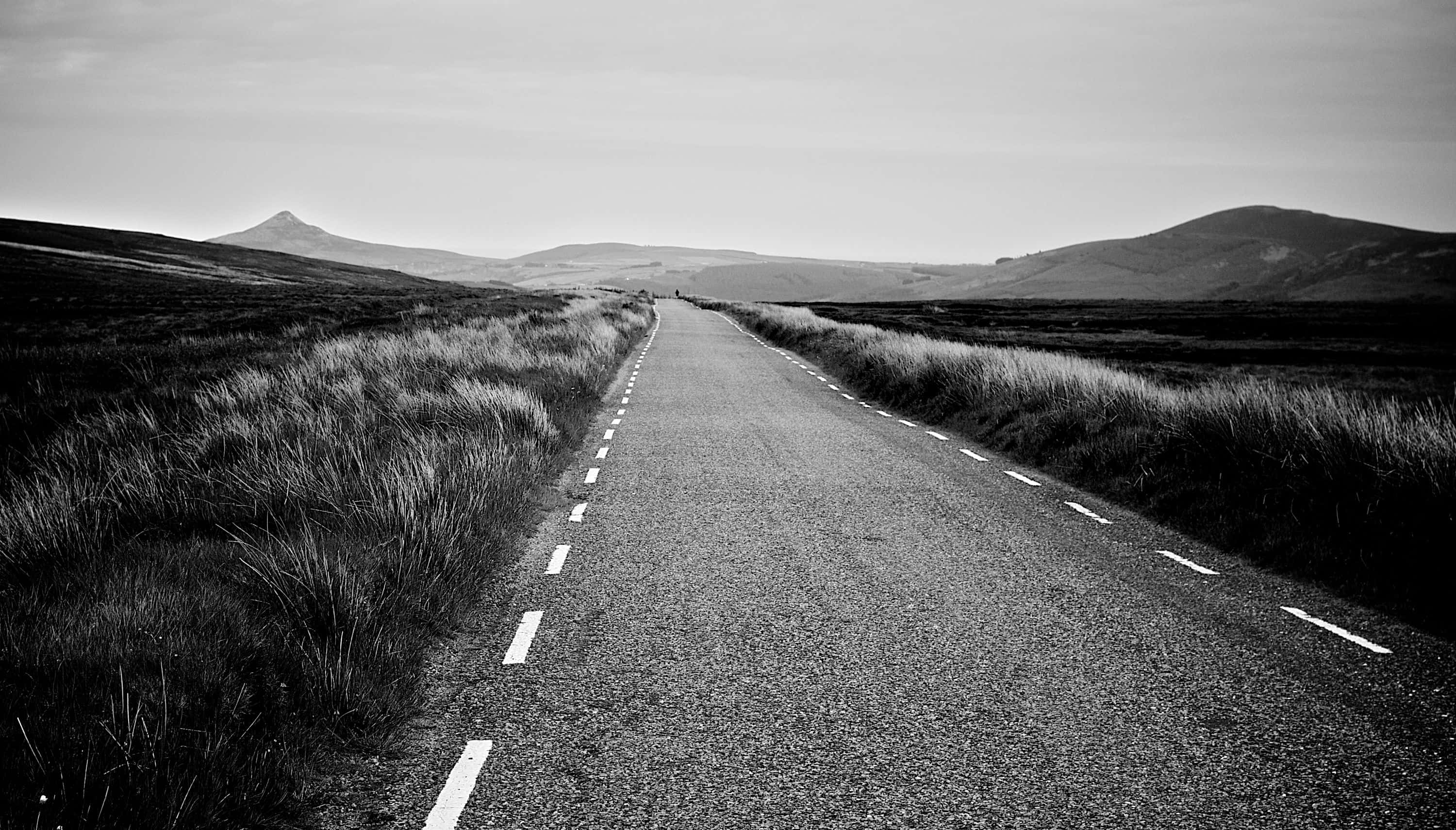 Black And White Landscape 桌布 壁紙 — 一條單色道路在陰天延伸至遠方山丘，兩旁是高高的草。