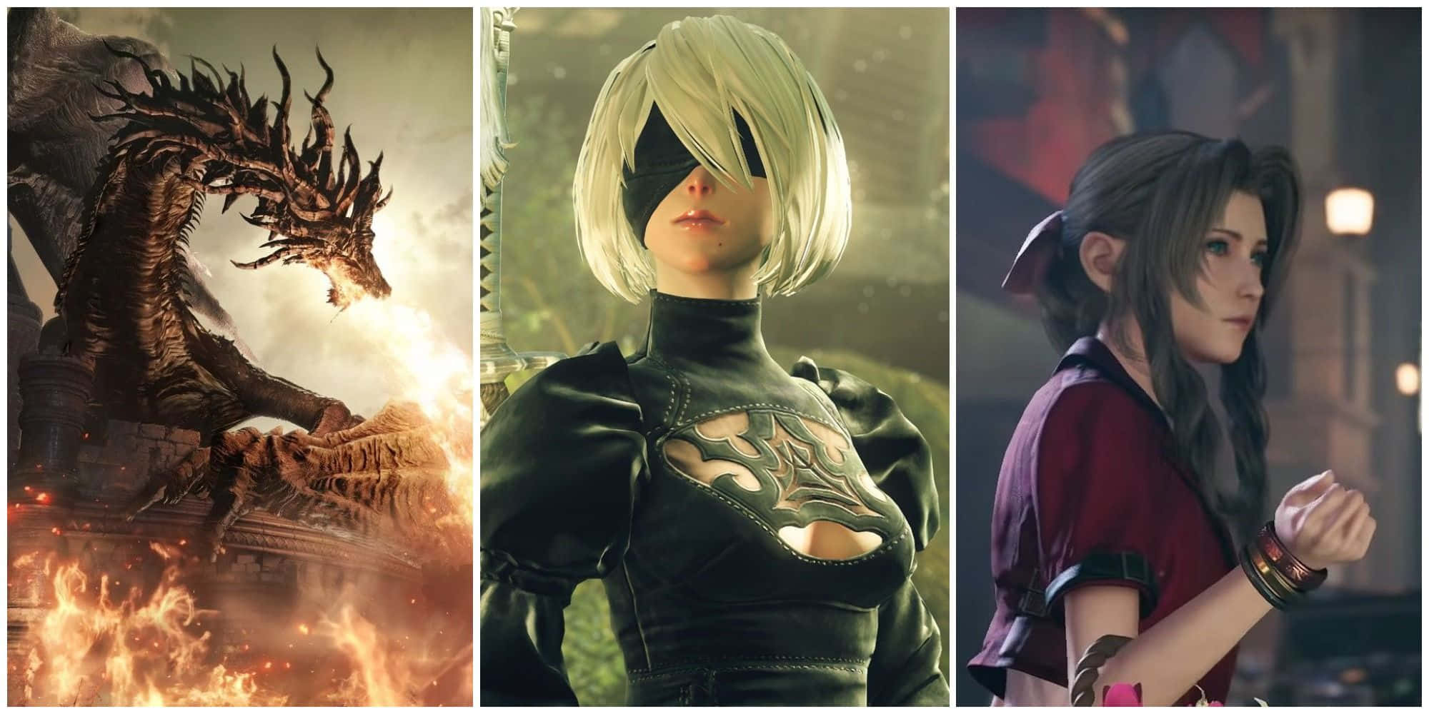 Fantasy Games 桌布 壁紙 — 一條噴火龍在廢墟上咆哮，兩位動漫風格女性角色在戲劇性燈光下蓄勢待發。