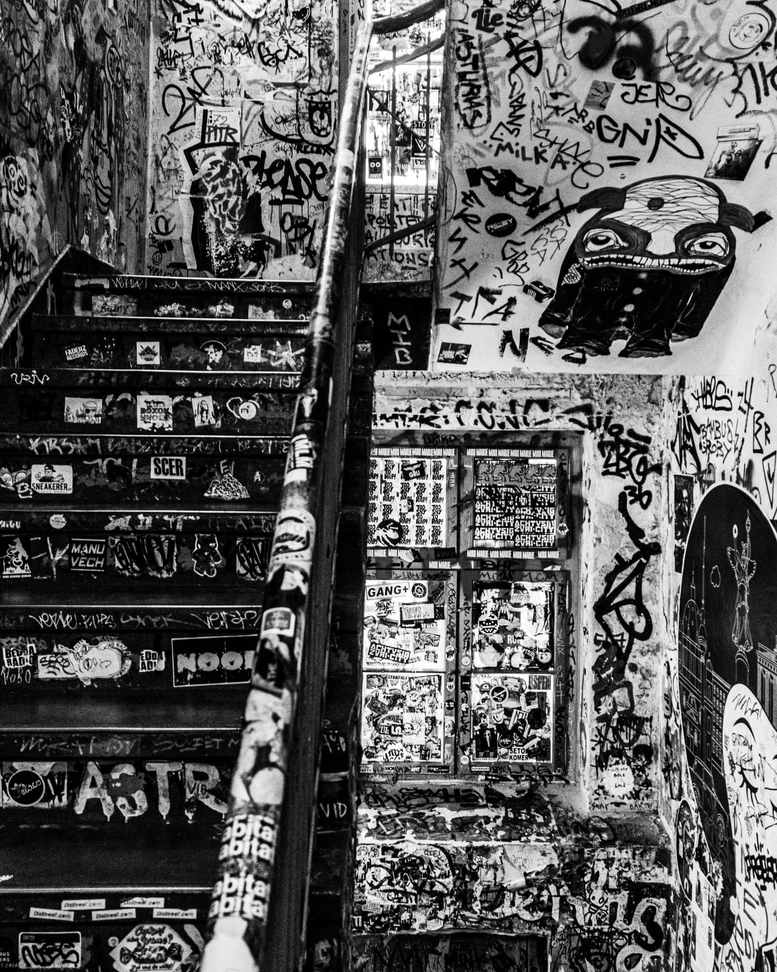 Black And White Graffiti 桌布 壁紙 — 一條城市小巷中佈滿塗鴉的樓梯和牆壁的黑白照片。