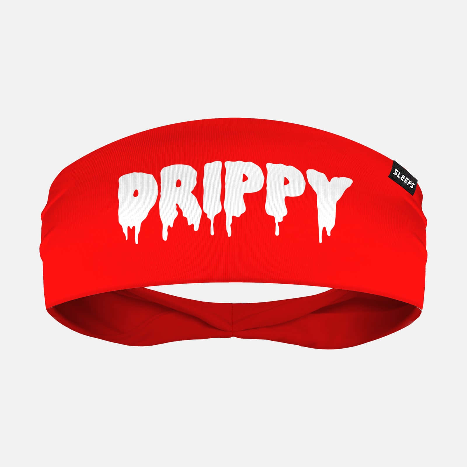 滴落效果 桌布 壁紙 — 一條大膽的紅色頭帶，上面有滴落的白色「DRIPPY」文字和一個細小的黑色「SLEEPS」標籤，背景為純色。