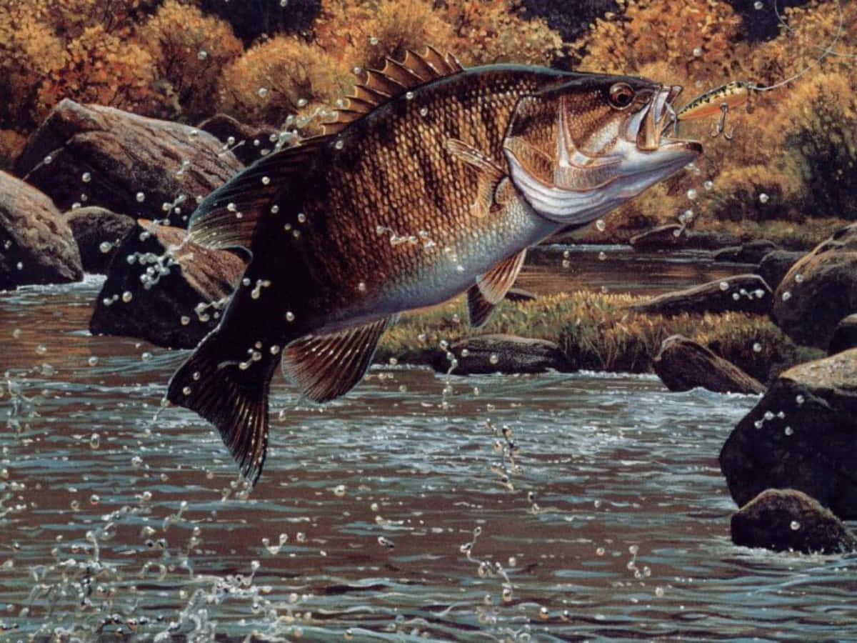 Black Sea Bass 桌布 壁紙 — 一條大鱸魚從岩石溪流中躍起，背景是秋天的樹葉。