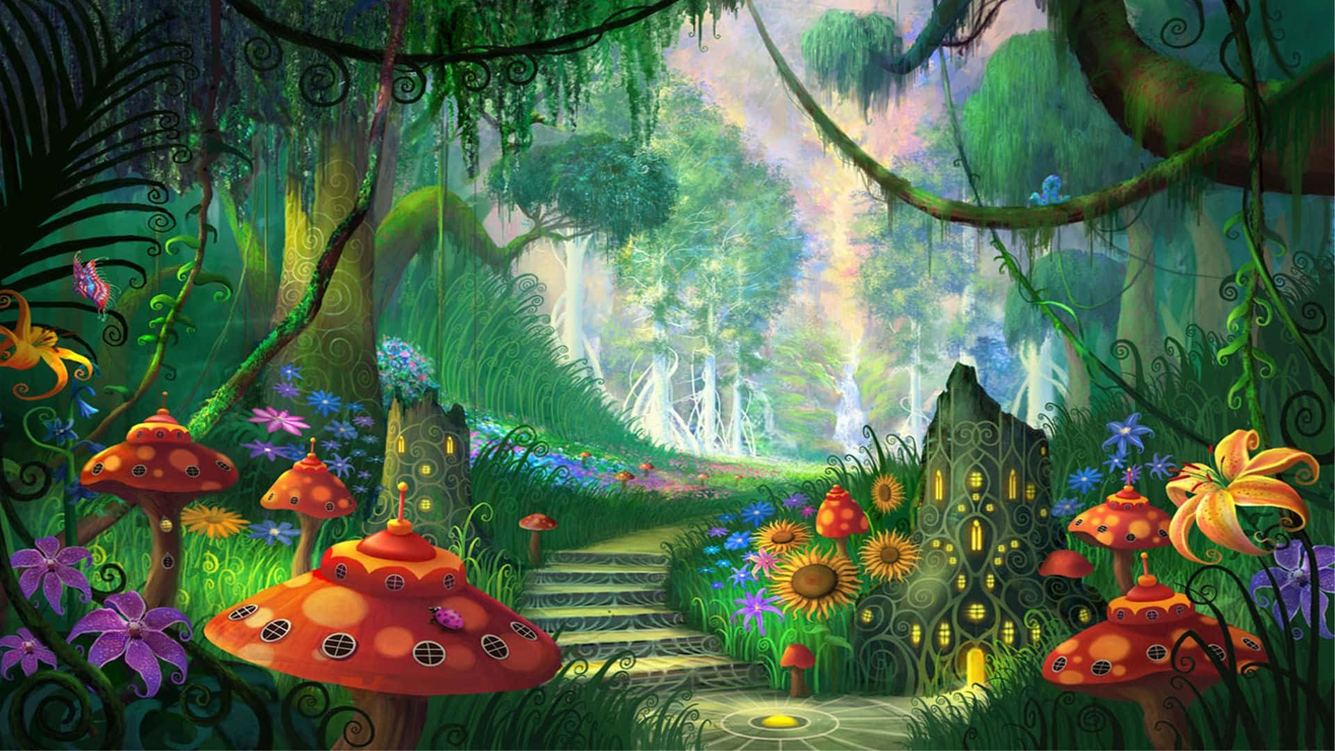 Enchanted Garden 桌布 壁紙 — 一條奇特的森林小徑，兩旁排列著發光的蘑菇屋和鮮豔的花朵，上方是斑駁的樹冠。