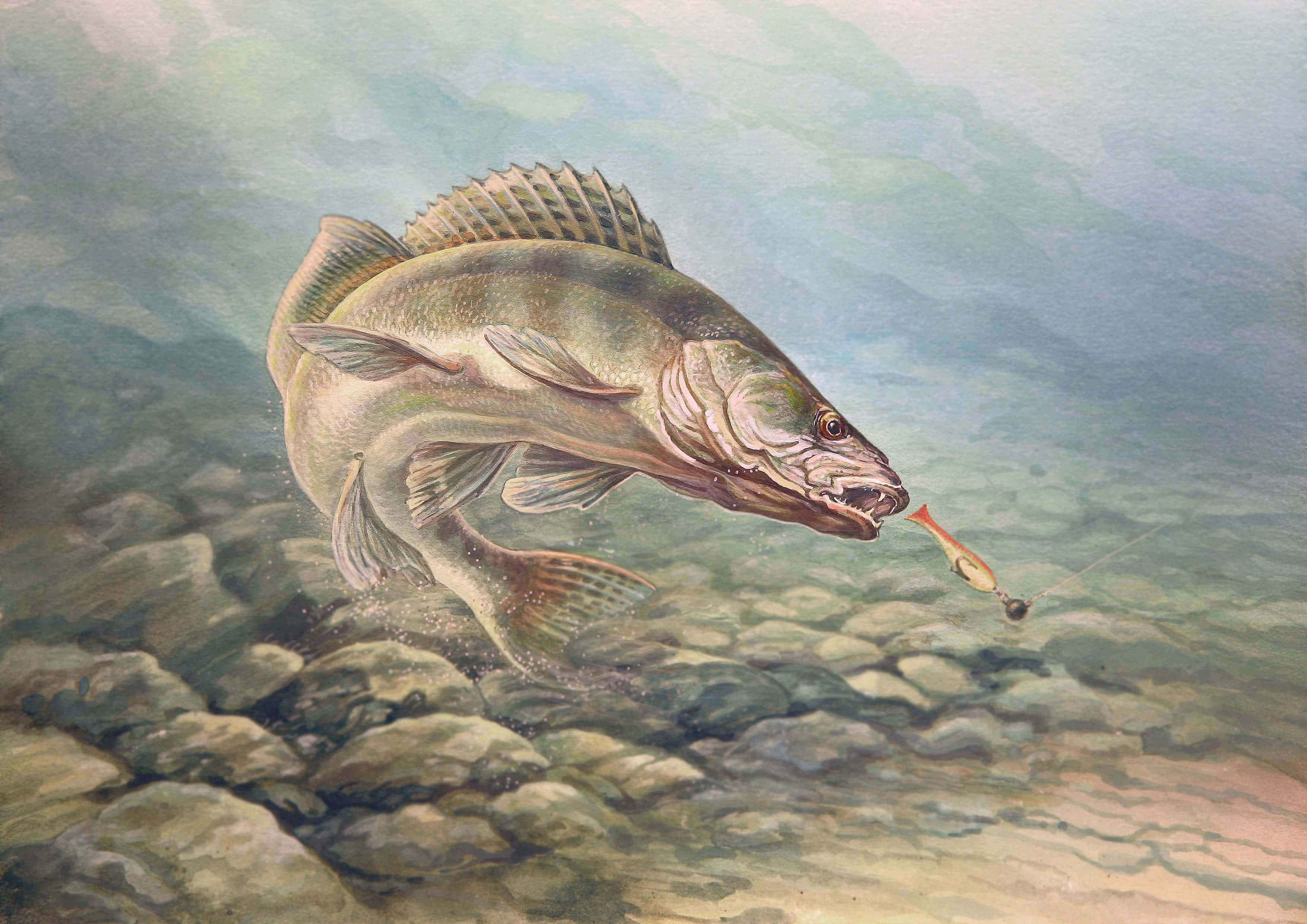 一條威嚴的鯰魚在湖中游動 壁紙 — 一條塗色的白眼魚從清澈的水中躍起，在岩石河床上方奪取一個紅色魚餌。